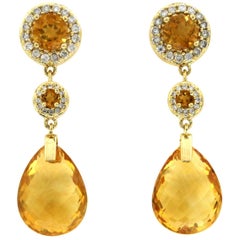 15 Carat Citrine & 0.28 Carat Diamonds in 14 Karat Yellow Gold Teardrop Earrings