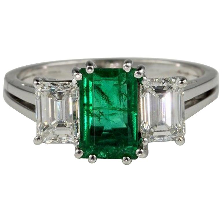 1.5 Carat Colombian Emerald and Diamond Trilogy Engagement Ring For Sale