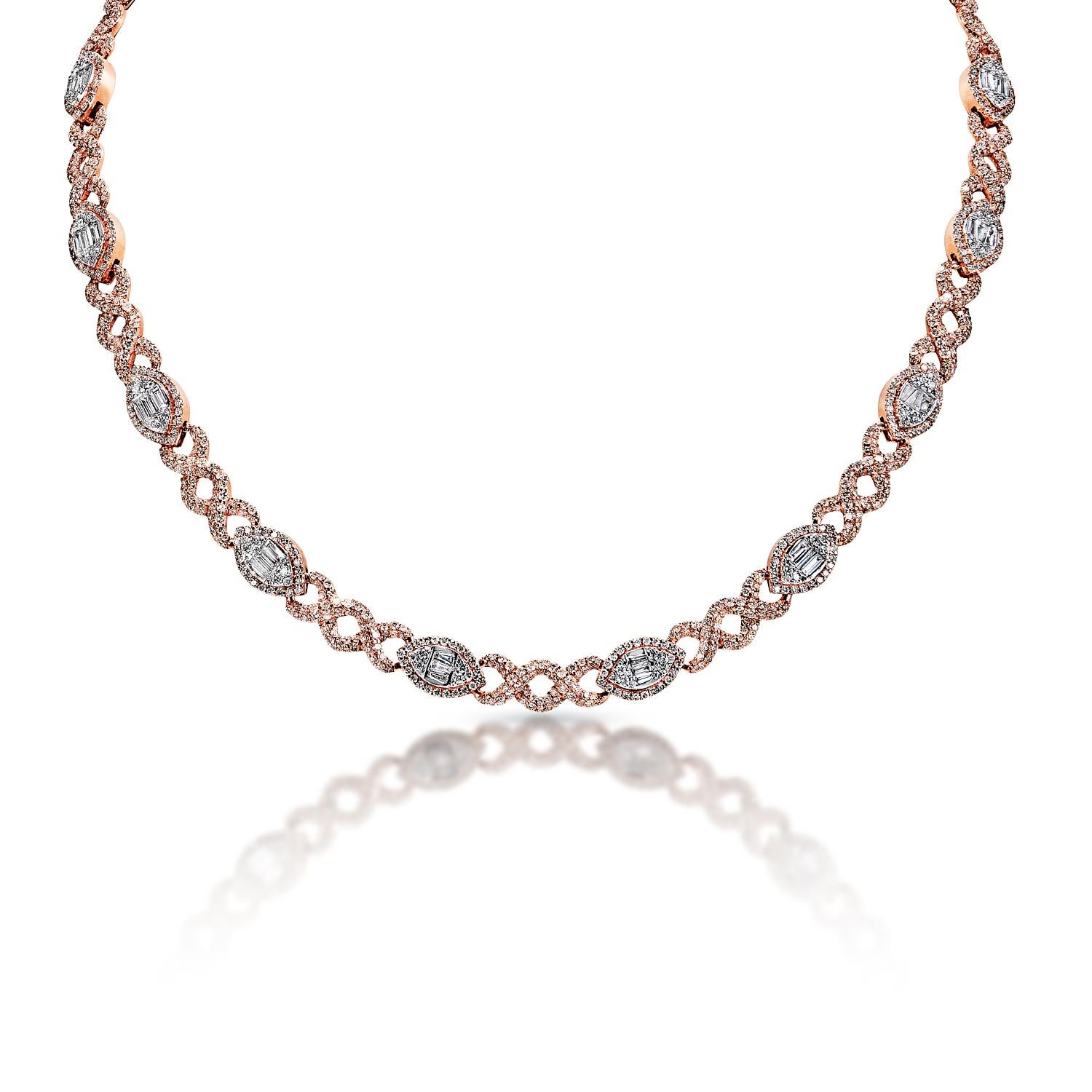 Diamond Necklace:

Carat Weight: 15.00 Carats
Style: Combine Mix Shape
Chains: 14 Karat Rose Gold
