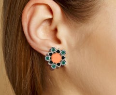 15 Carat Coral Emerald Onyx and Diamond Yellow Gold and Silver Earrings