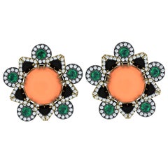 15 Carat Coral Emerald Onyx and Diamond Yellow Gold and Silver Earrings