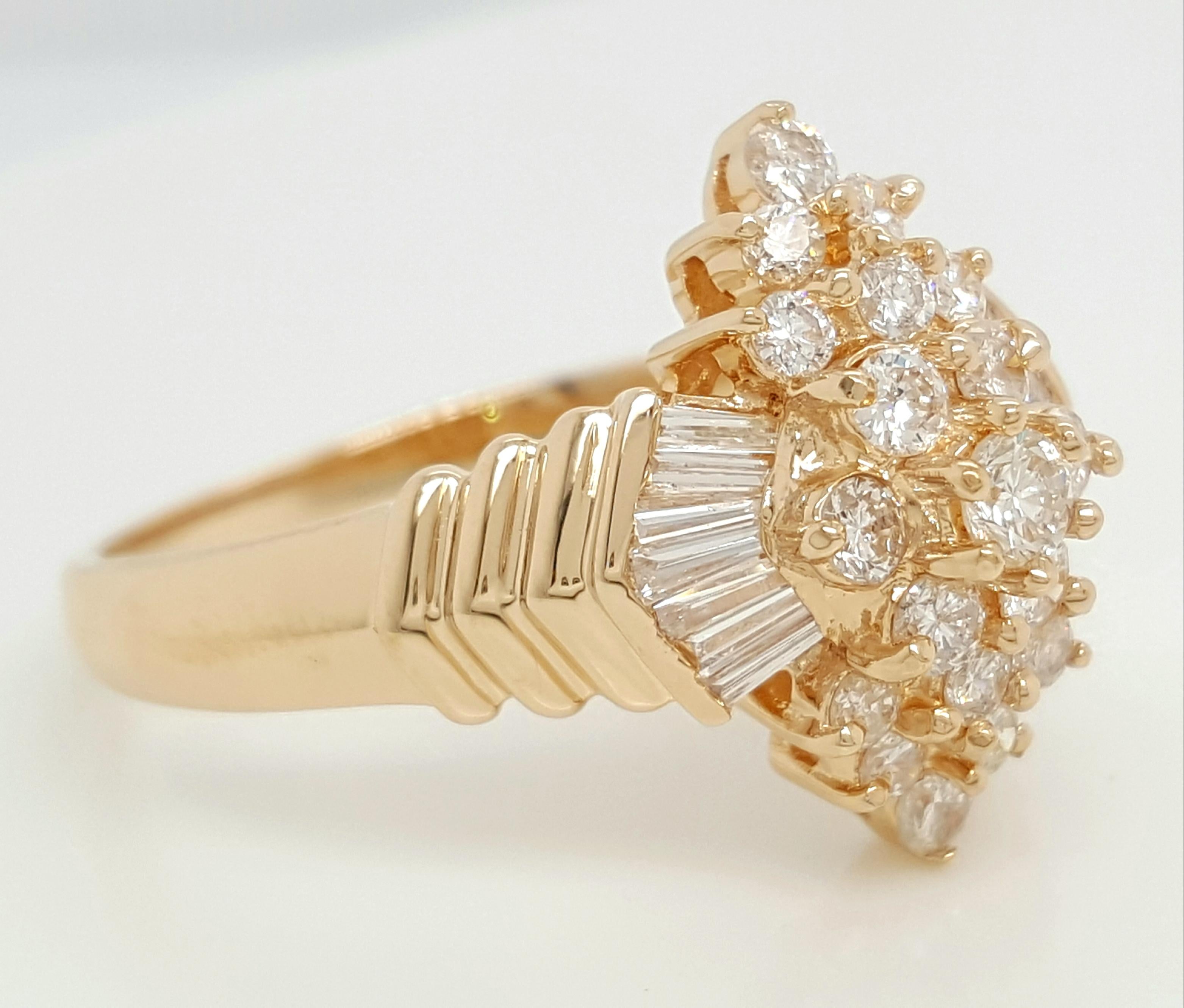 Item Details: 
Ring Size: 10.25
Metal Type: 18K Yellow Gold
Weight: 6.3 grams
Hallmark: 18KP
Engraving: none
Width: 16.7mm at head tapering to 2.2 mm at bottom of shank
Finger to Top of Stone Measurement: 8.1 mm

Round Diamond Details:
Count: