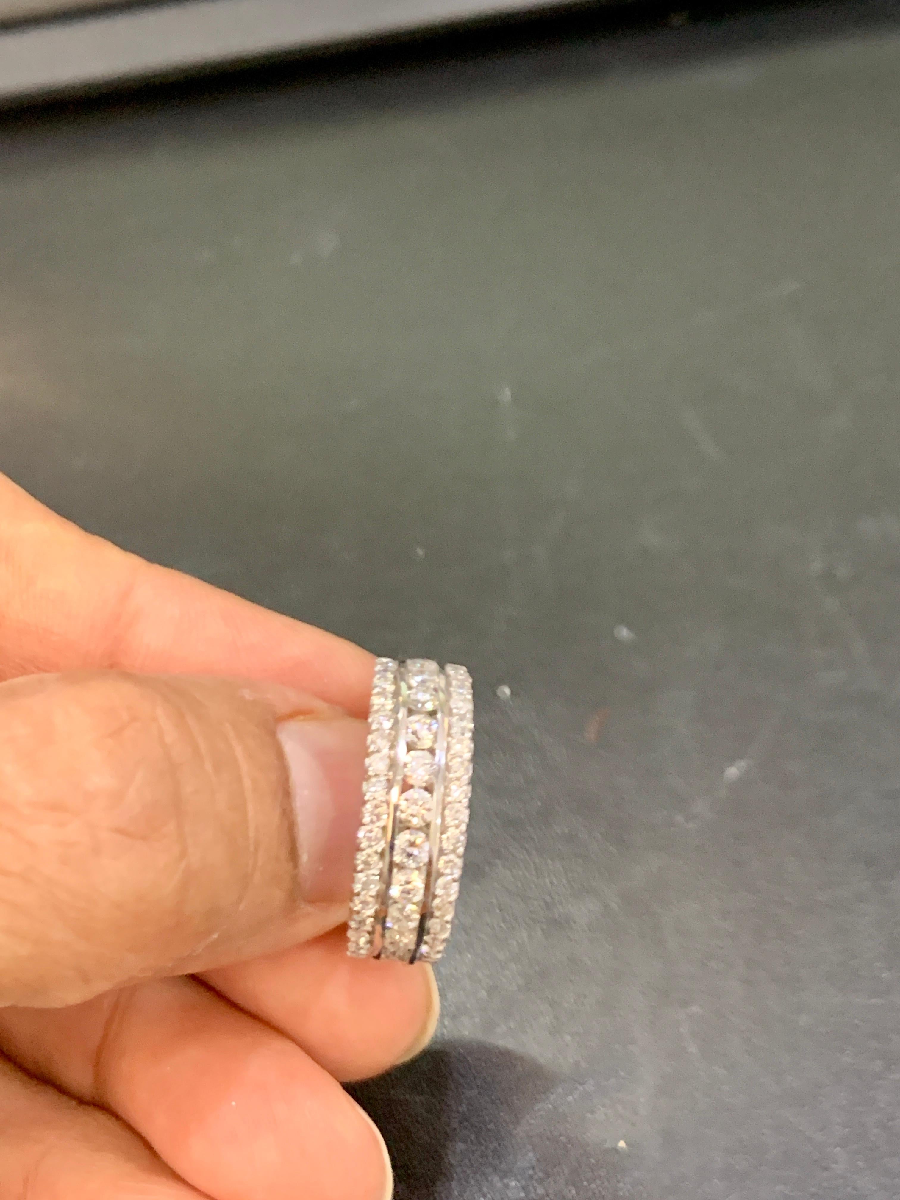 Round Cut 1.5 Carat Diamond Half Eternity Band 14 Karat White Gold 3-Row Band For Sale