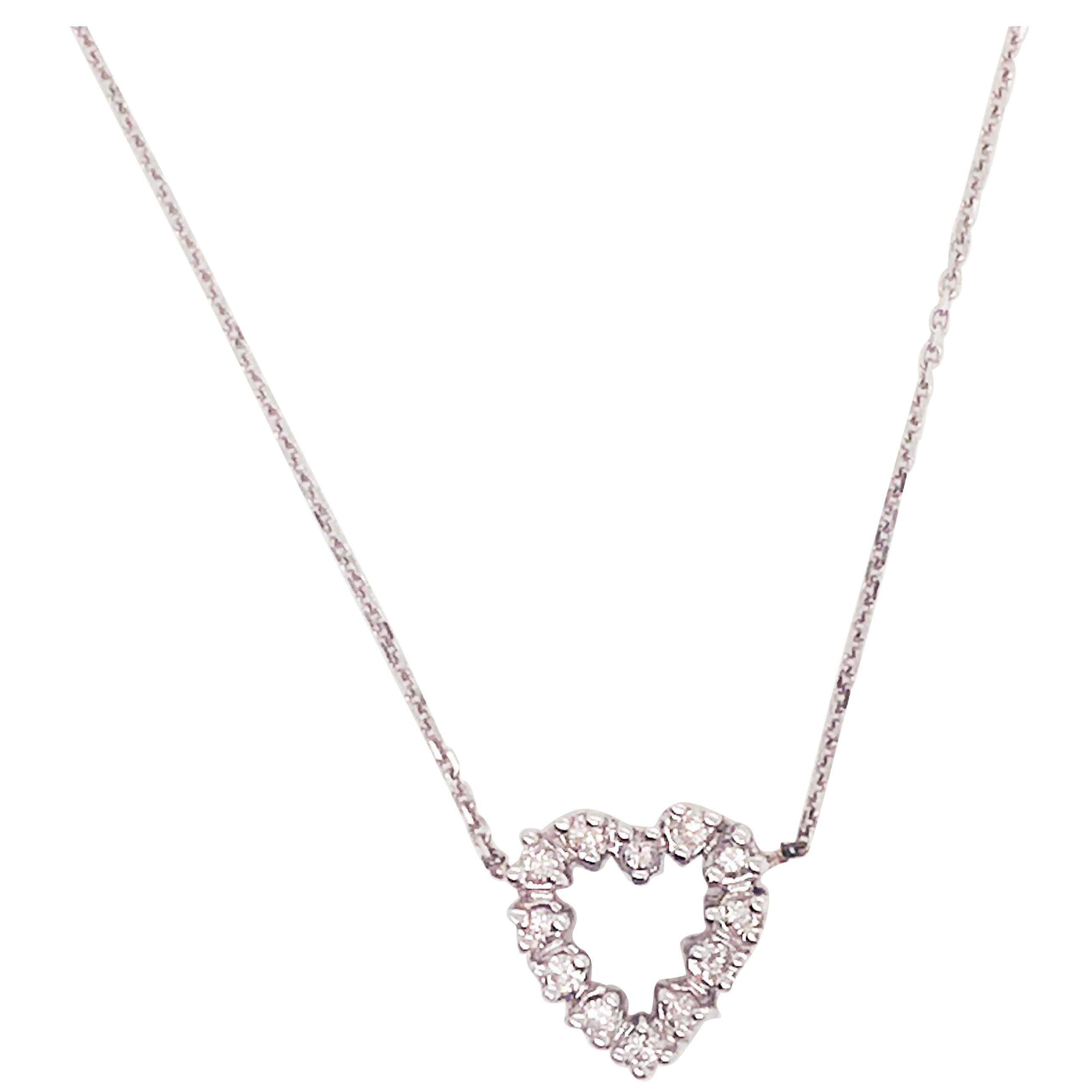 Diamond Heart Necklace, 14 Karat White Gold Diamond Heart Necklace For Sale