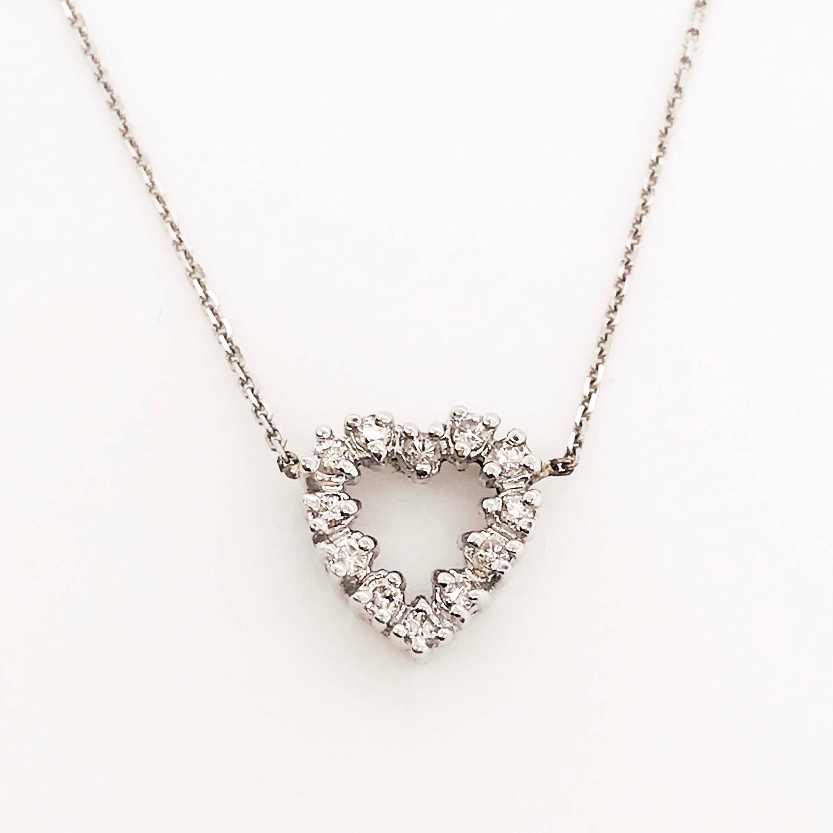 Round Cut Diamond Heart Necklace, 14 Karat White Gold Diamond Heart Necklace