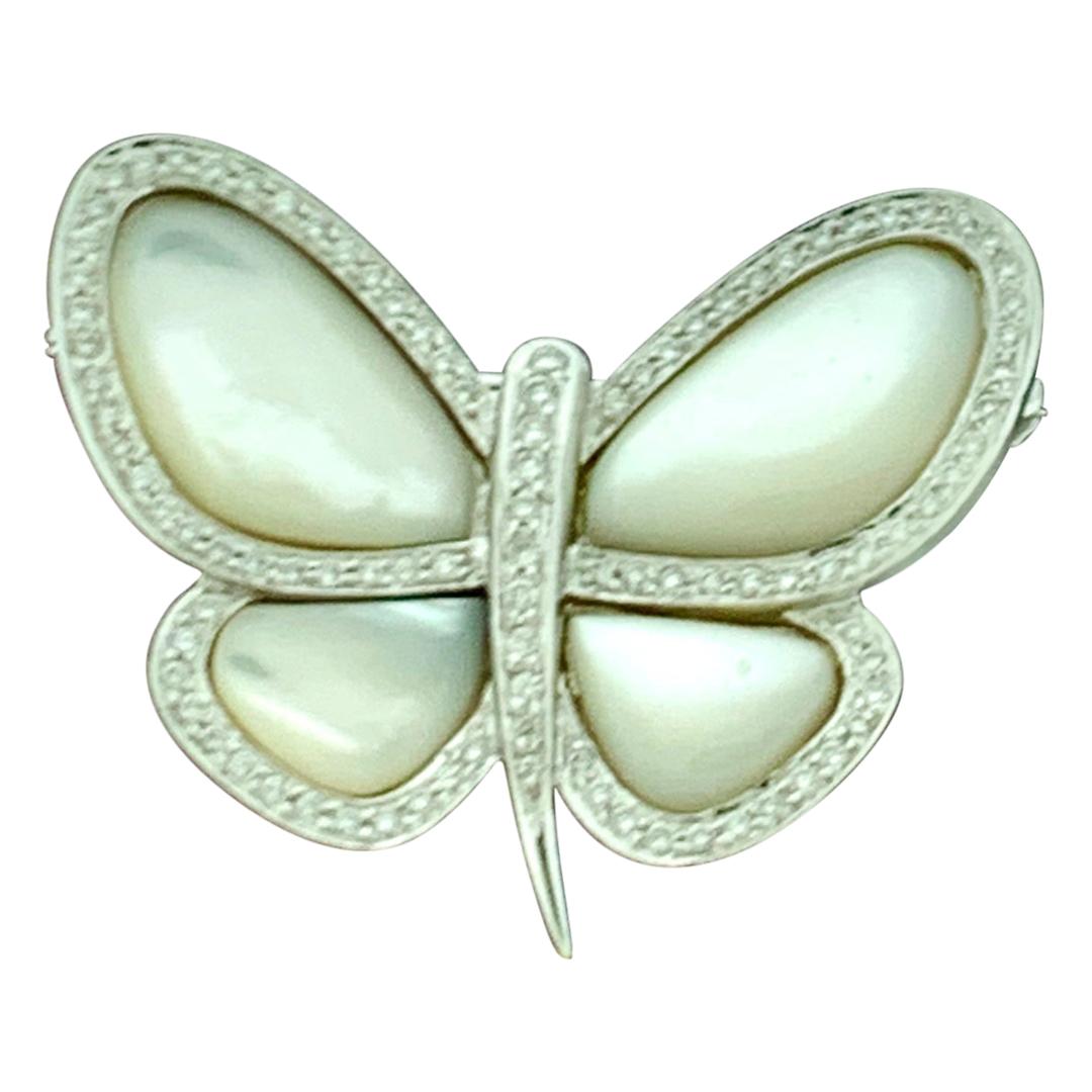 1.0 Carat Diamond and Mother of Pearl Butterfly Broach 18 Karat White Gold 13 Gm