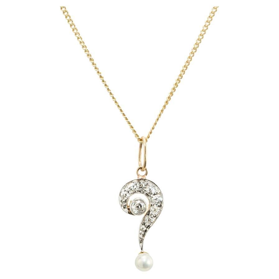 .15 Carat Diamond Pearl Two Tone Gold Question Mark Pendant Necklace  For Sale