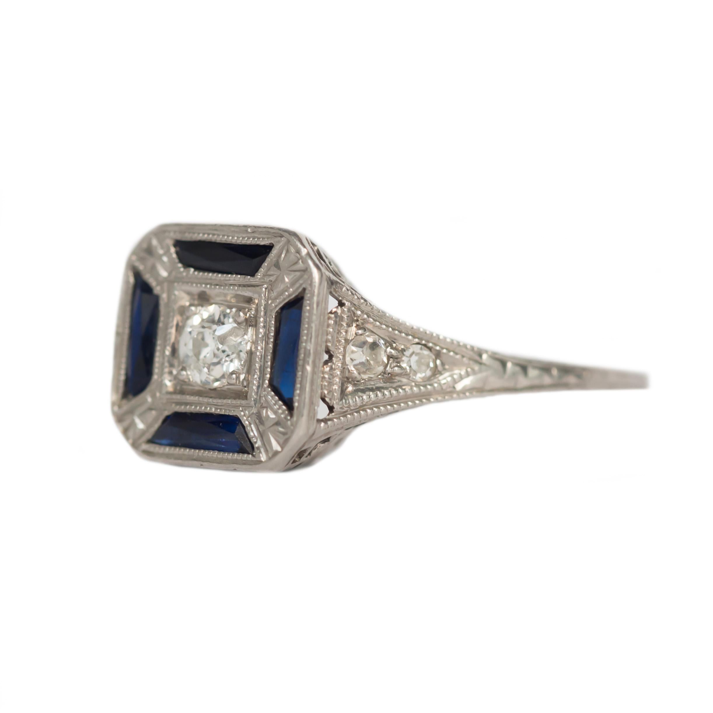 Item Details: 
Ring Size: 6.5
Metal Type: PLATINUM [Hallmarked, and Tested]
Weight: 3.3 grams

Center Diamond Details
Shape: Old European 
Carat Weight: .15 carat
Color: G
Clarity: VS


Color Stone Details: 
Type: SAPPHIRE
Shape: French
Carat