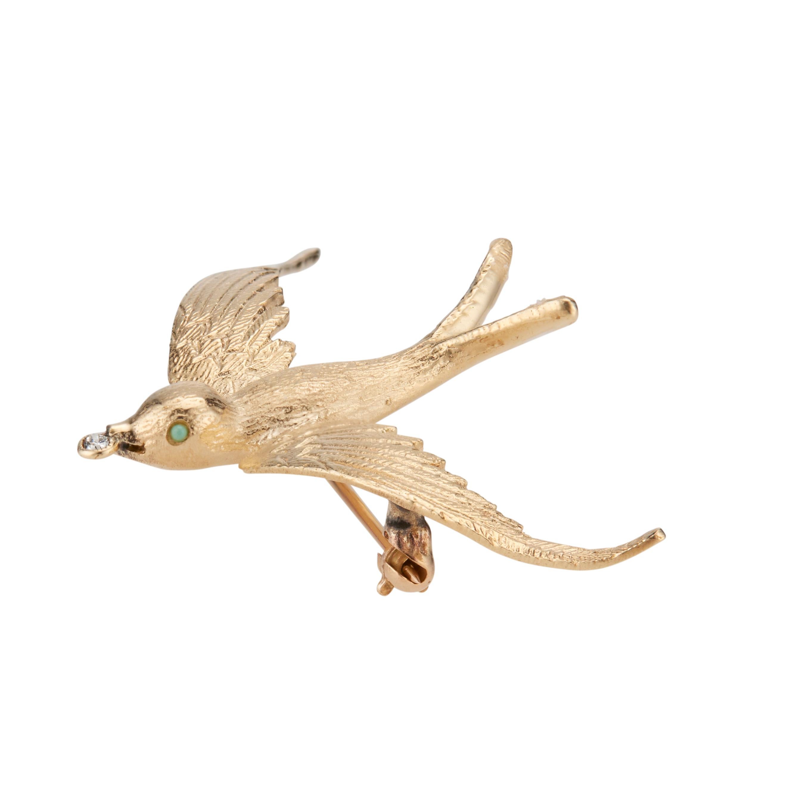 Round Cut .15 Carat Diamond Turquoise Yellow Gold Mid-Century Swallow Brooch For Sale