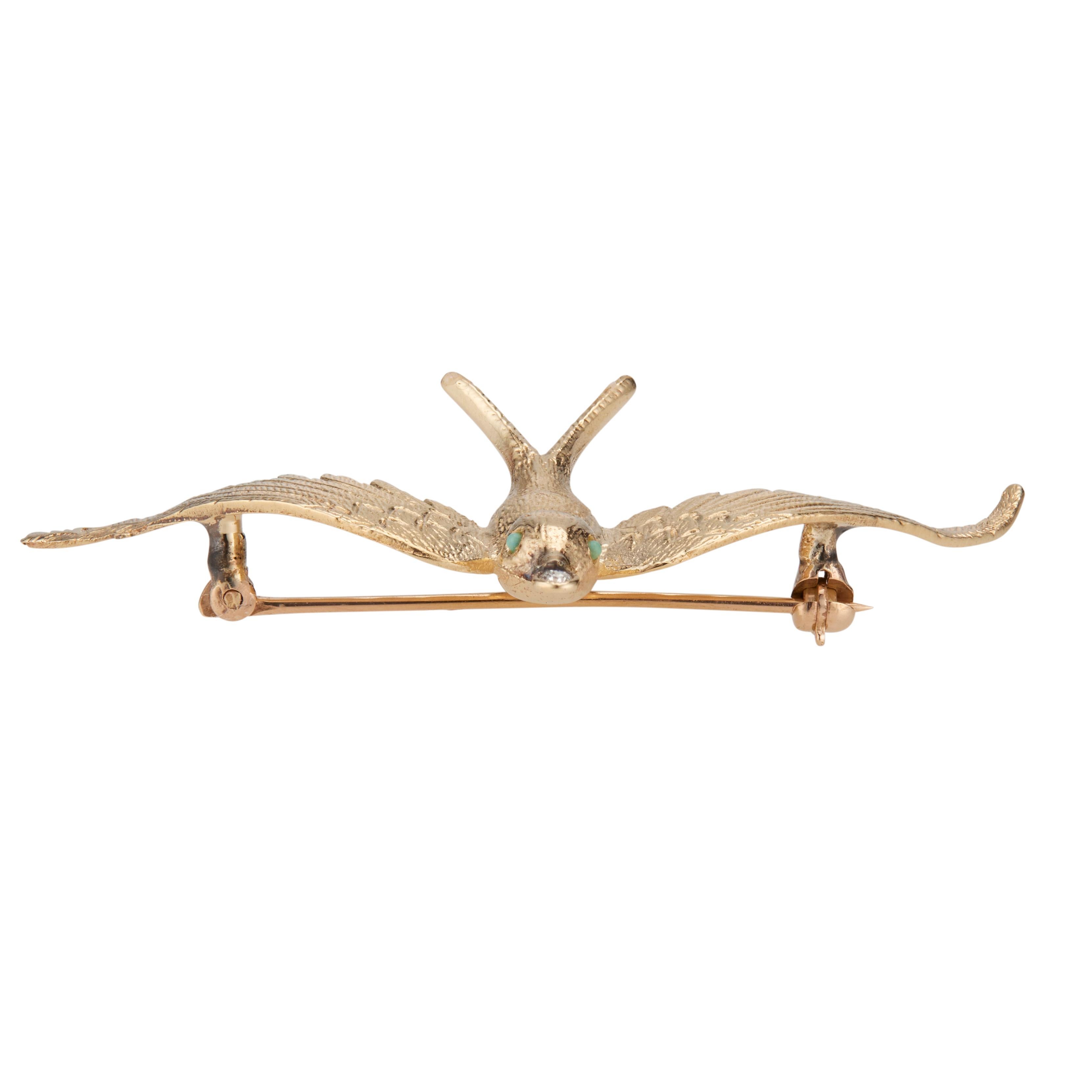 .15 Carat Diamond Turquoise Yellow Gold Mid-Century Swallow Brooch In Good Condition For Sale In Stamford, CT