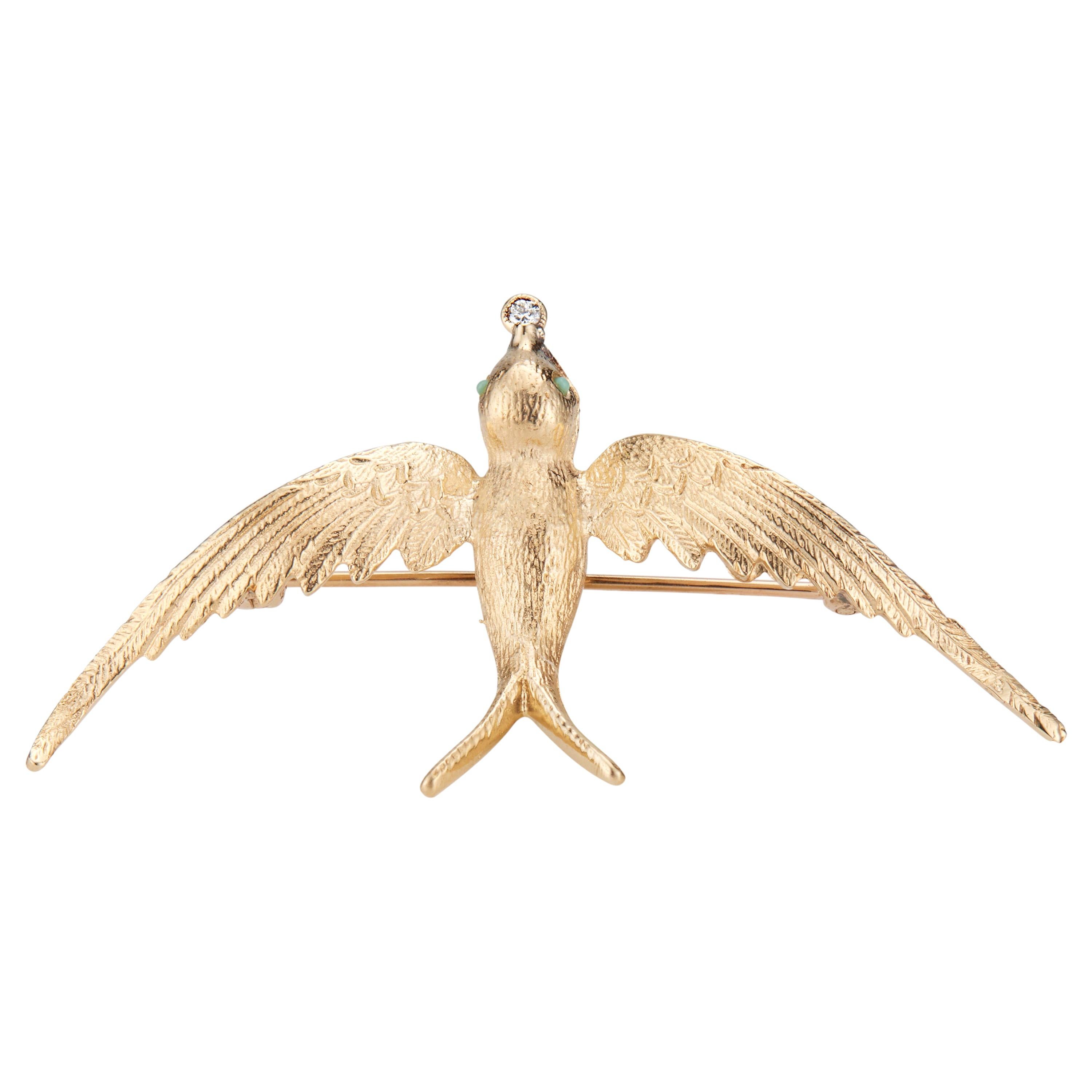 .15 Carat Diamond Turquoise Yellow Gold Mid-Century Swallow Brooch For Sale