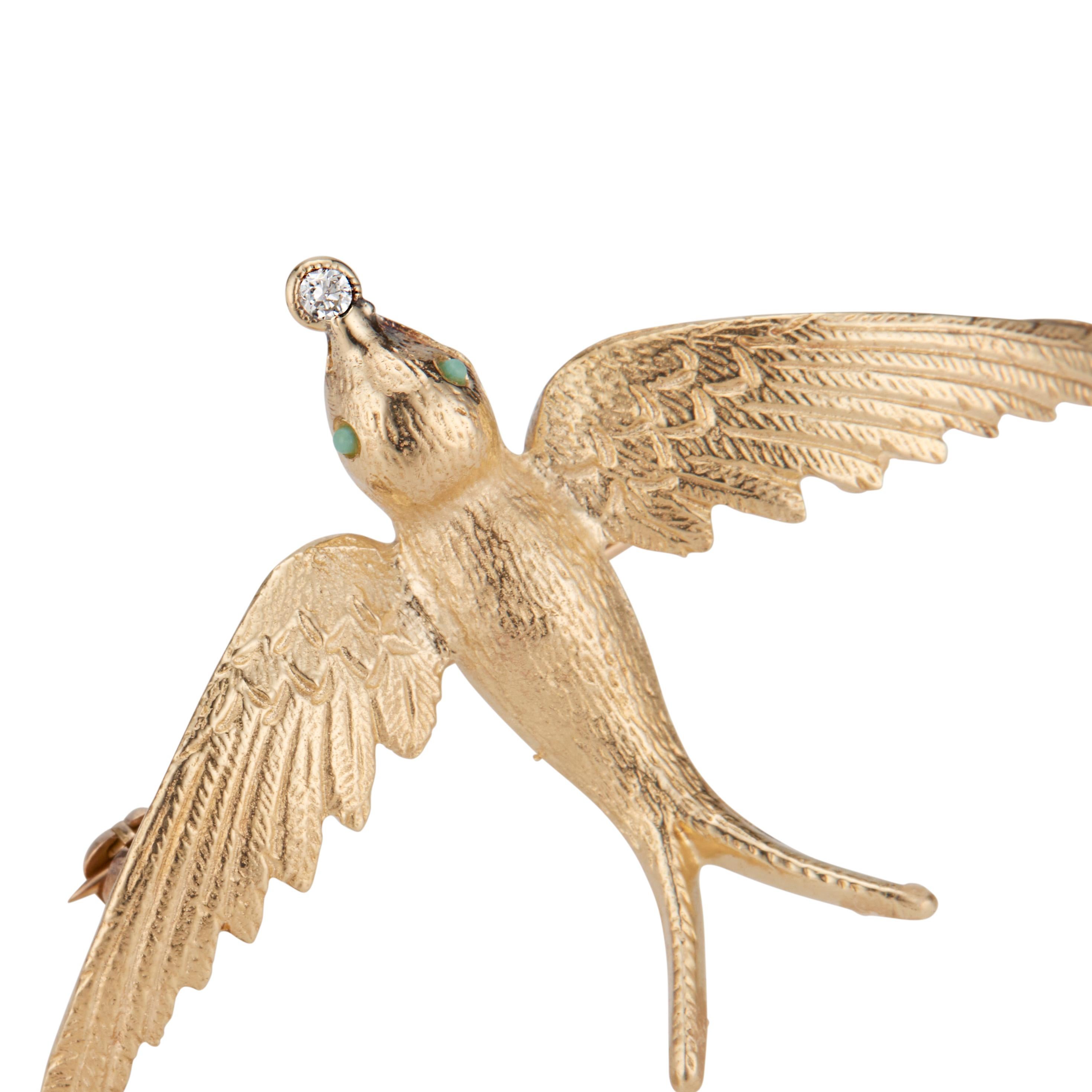 Vintage 1960's swallow brooch. Turquoise eyes with a round diamond beak set in 14k yellow gold.

1 round diamond, approx. total weight .015cts, I, SI
2 round Turquoise, 1mm
14k yellow gold
Tested: 14k
Stamped: 15ct 14k
Hallmark: 74 14k (shield