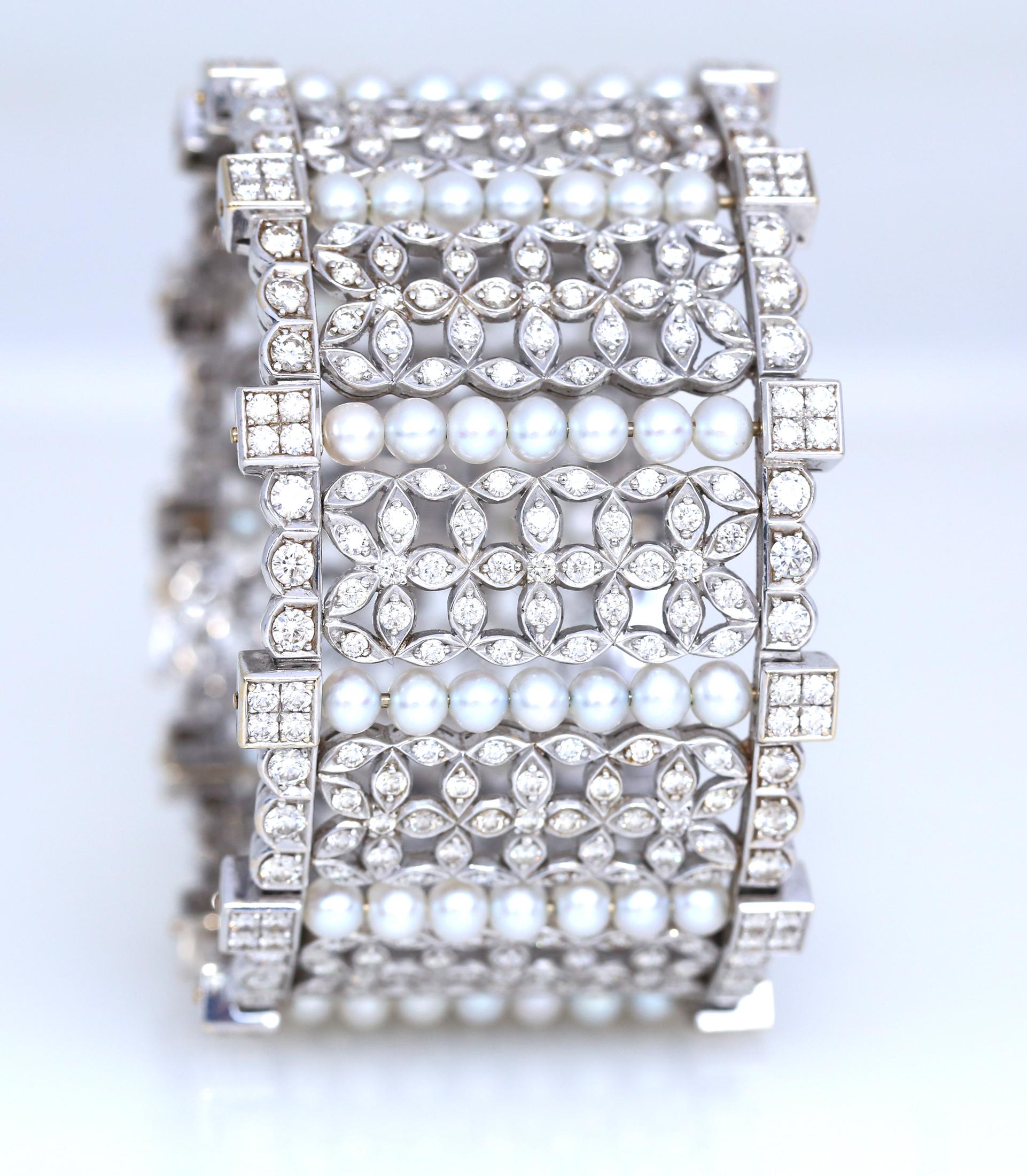 Women's 15 Carat Diamonds Pearls White Gold Bangle Bracelet, 1999