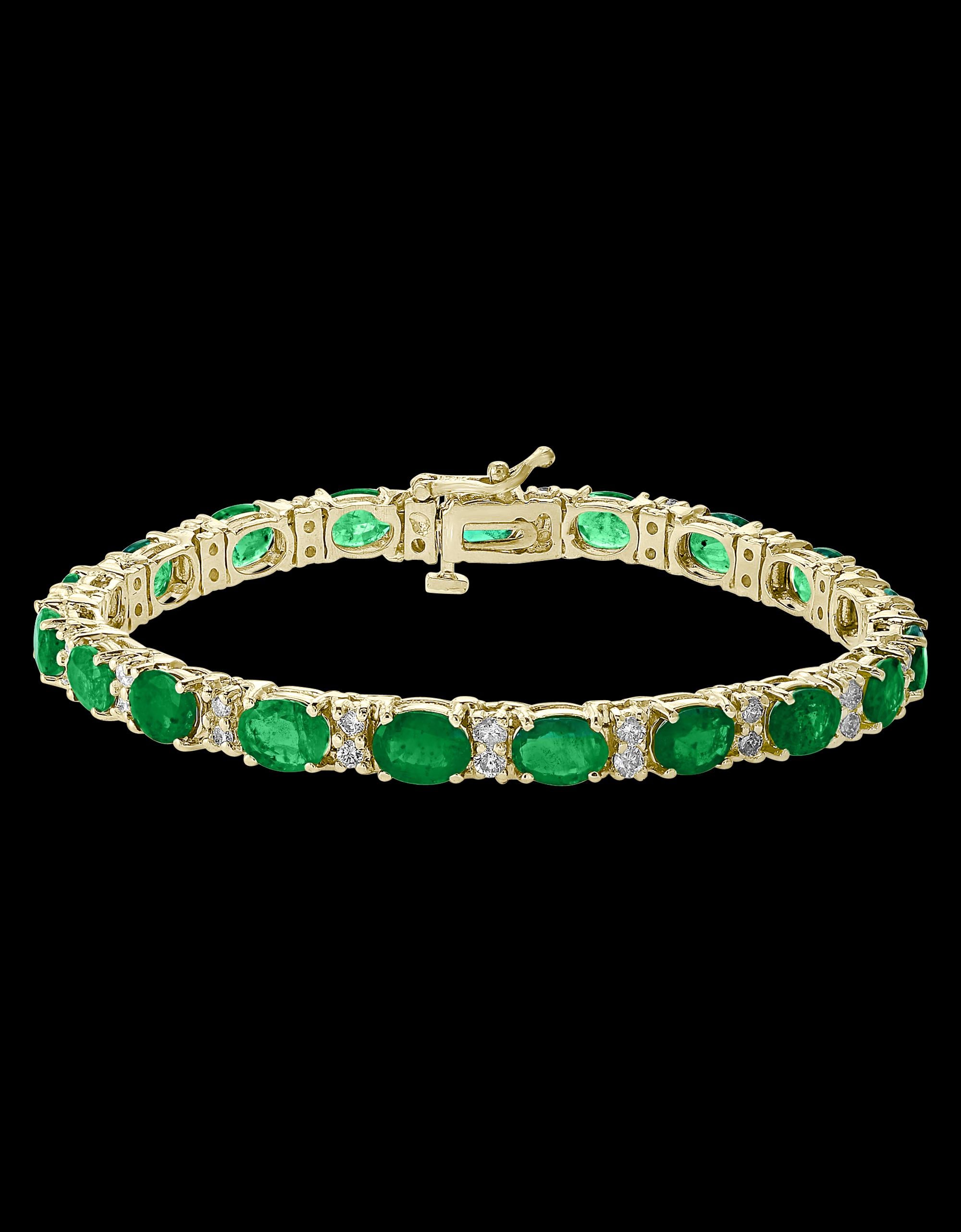 This exceptionally affordable Tennis  bracelet has  16 large natural stones of oval  Emeralds  . Each Emerald is spaced by two diamonds . Total weight of the Emeralds is 20 + carat. Total number of diamonds are 32 and diamond weighs 1.6