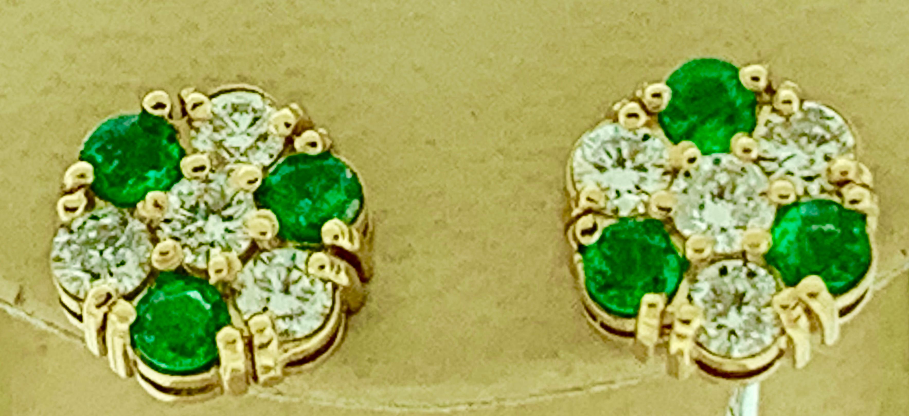 1.5 Carat Emerald and 2 Carat Diamonds Flower Post Earrings 14 Karat Yellow Gold 2