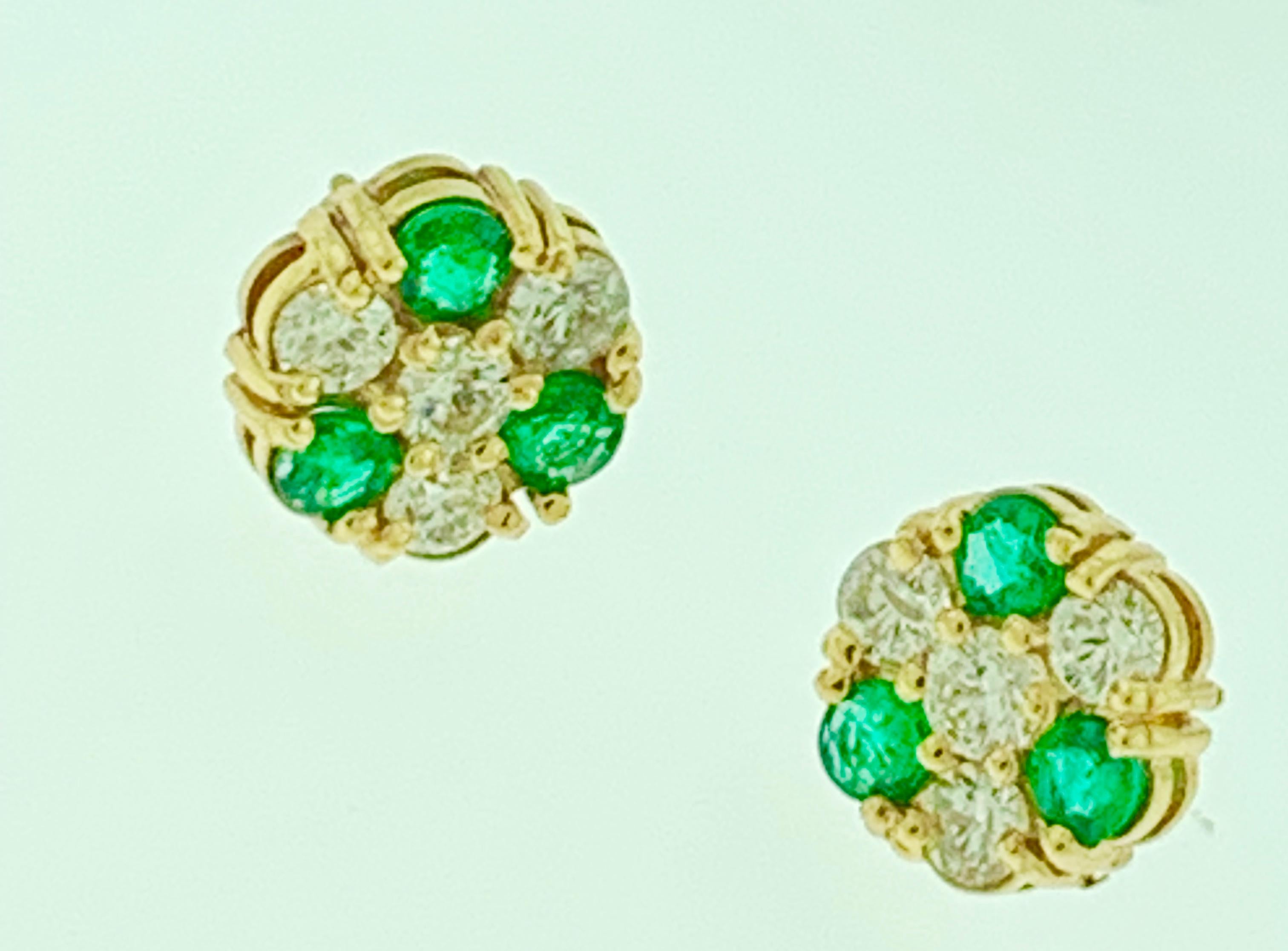 Women's 1.5 Carat Emerald and 2 Carat Diamonds Flower Post Earrings 14 Karat Yellow Gold