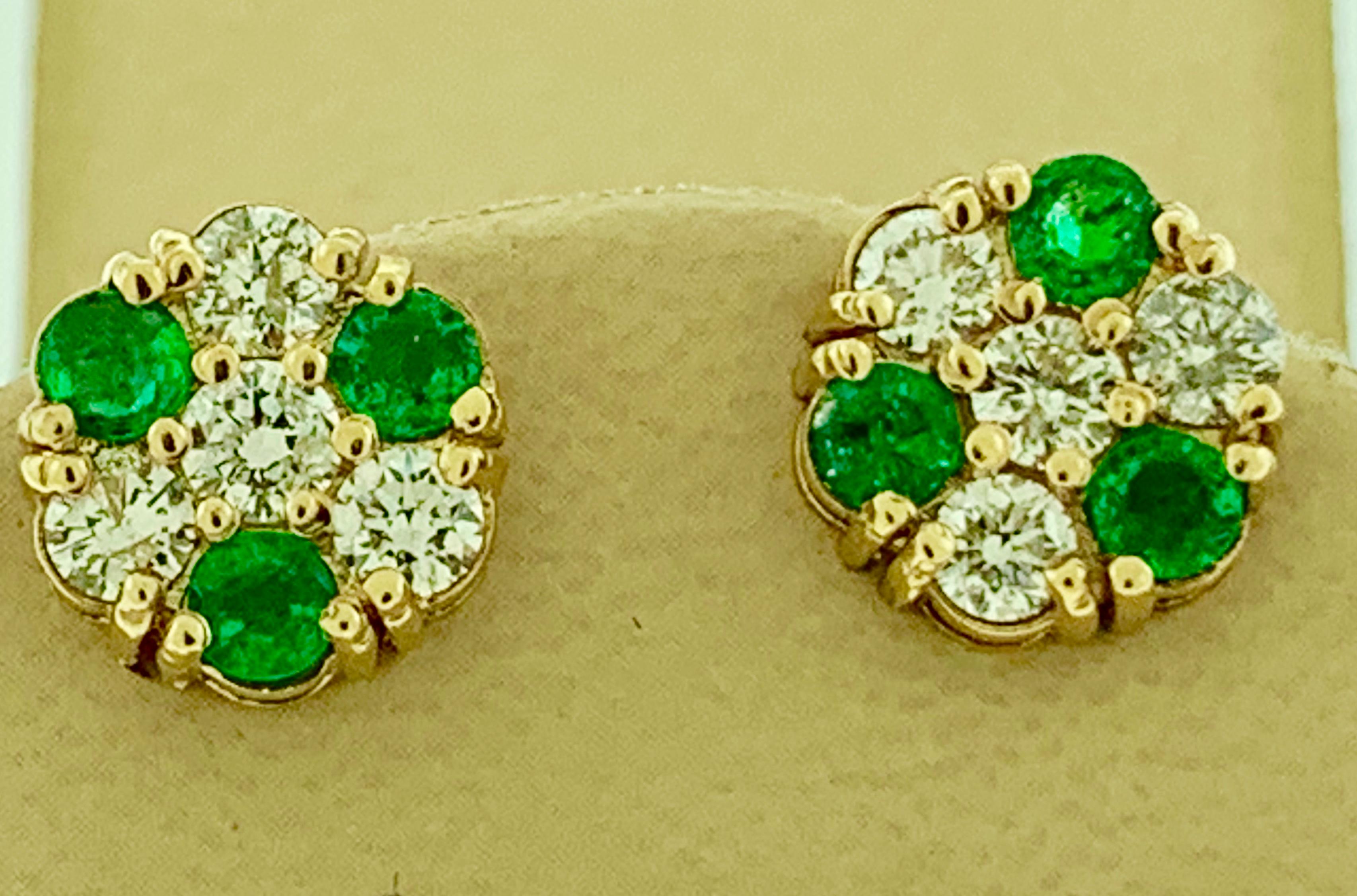 1.5 Carat Emerald and 2 Carat Diamonds Flower Post Earrings 14 Karat Yellow Gold 1