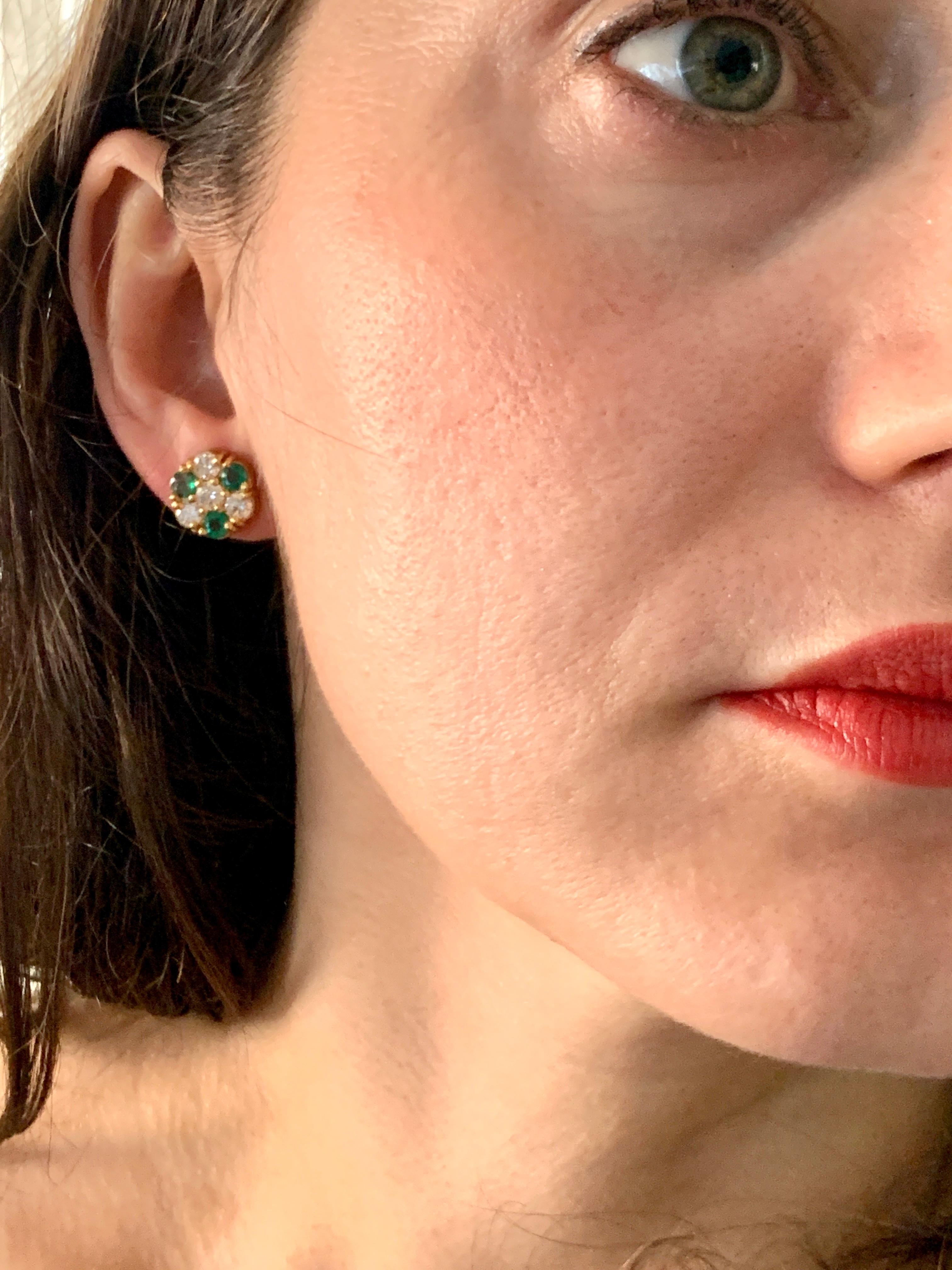 1.5 Carat Emerald and 2 Carat Diamonds Flower Post Earrings 14 Karat Yellow Gold 6
