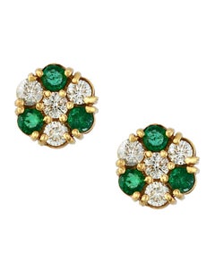 1.5 Carat Emerald and 2 Carat Diamonds Flower Post Earrings 14 Karat Yellow Gold