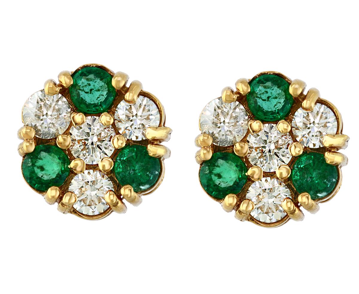 1.5 Carat Emerald and 2 Carat Diamonds Flower Post Earrings 14 Karat Yellow Gold 3