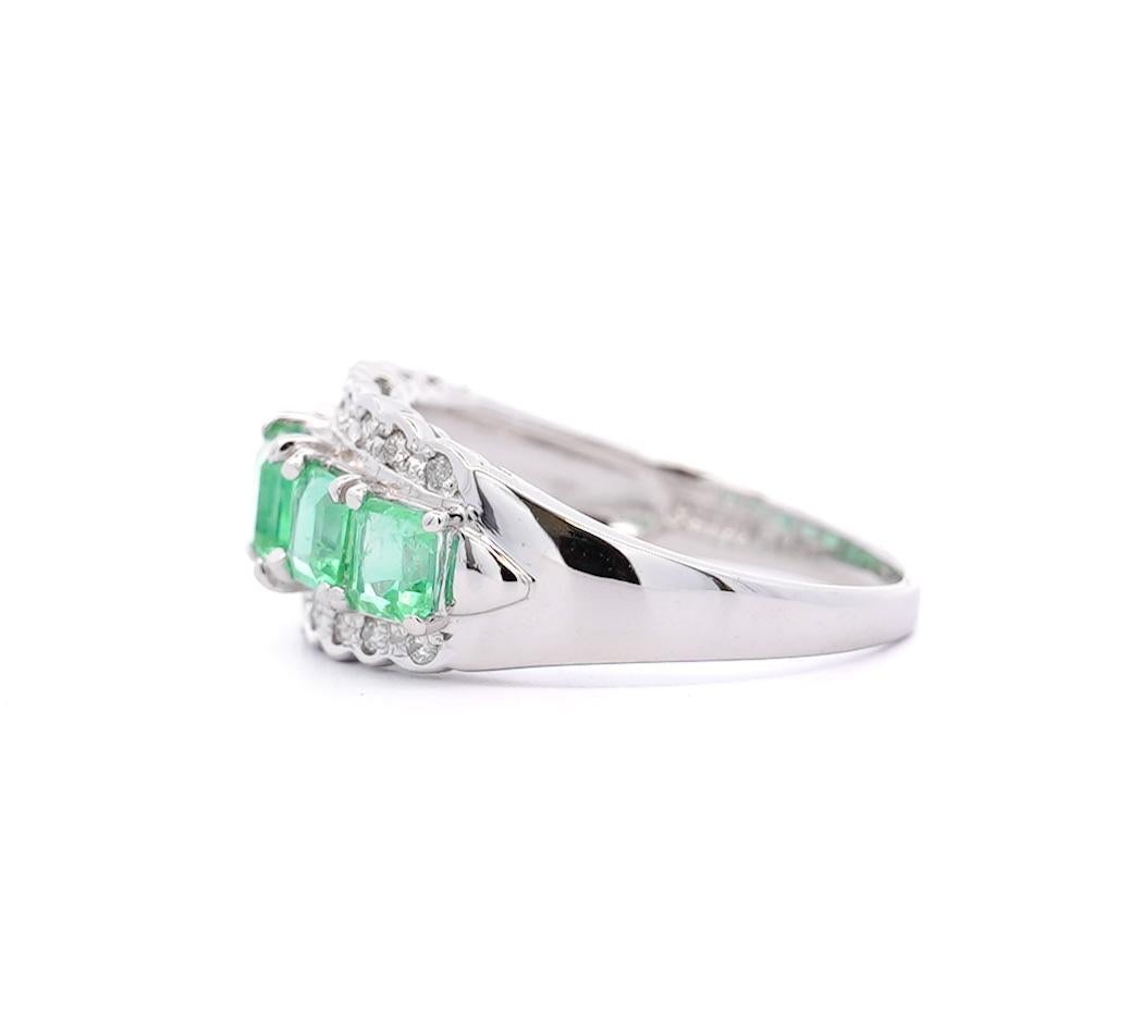 Retro 1.5 Carat Emerald and Diamond 5-Stone Band Ring in Platinum For Sale