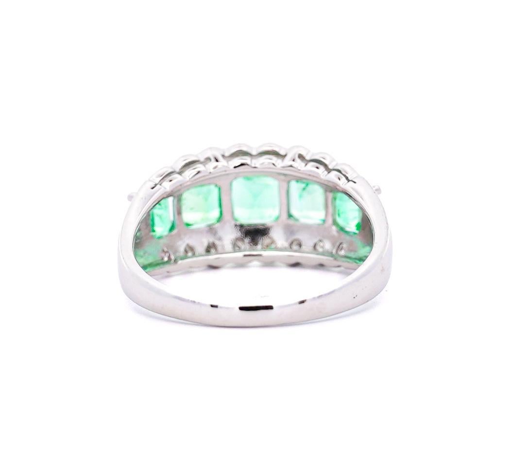 Emerald Cut 1.5 Carat Emerald and Diamond 5-Stone Band Ring in Platinum For Sale