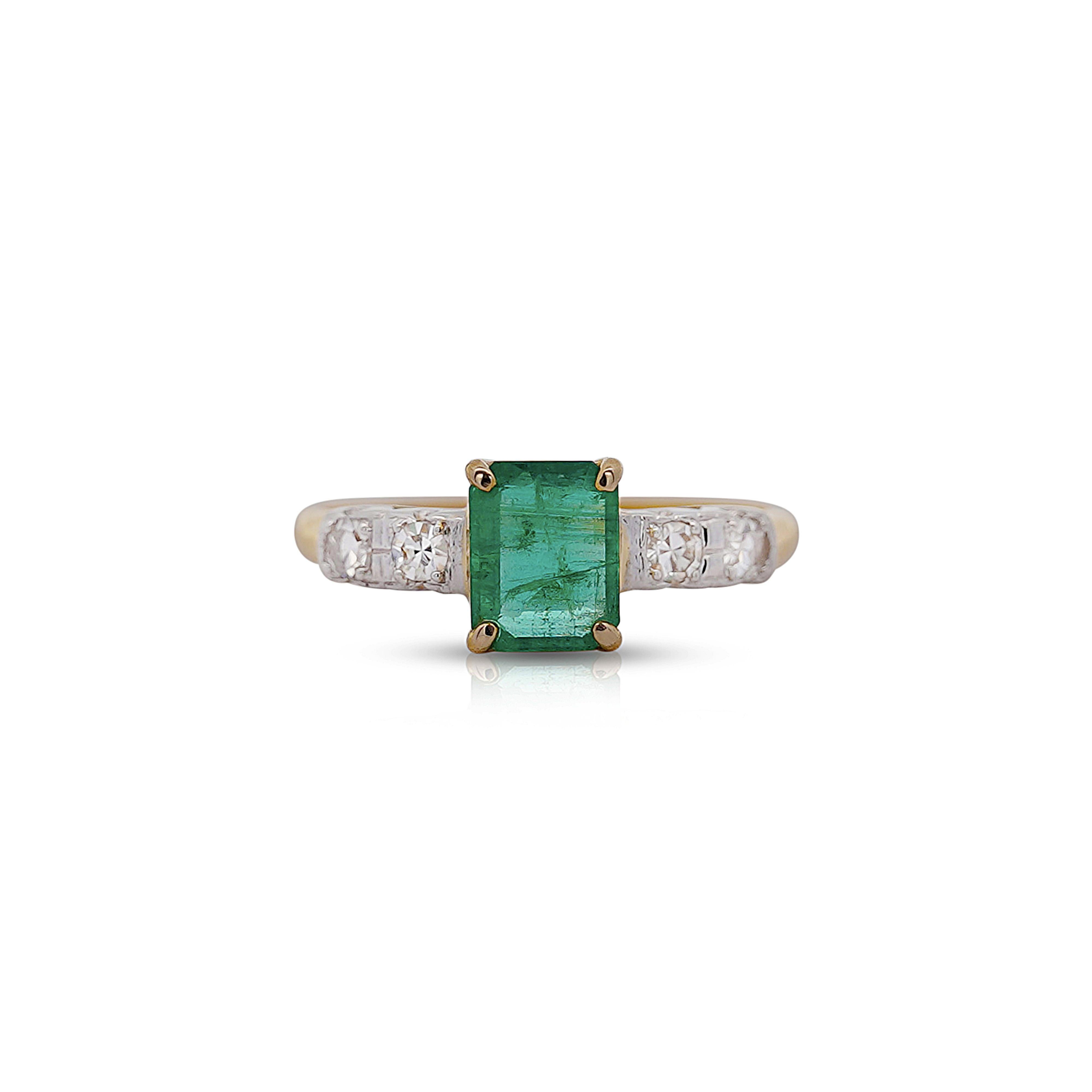 Natural 1.5 Carat Emerald & Rose Cut Diamond 2-Piece Matching Wedding Band & Ring Set in 14k Two Tone Gold.

Details:
Item Type: Statement Ring
Metal: 14K Yellow Gold
Size: 6.25 (adjustable)
Weight: 3.66 Grams
 
Center Stone Details:
Type: