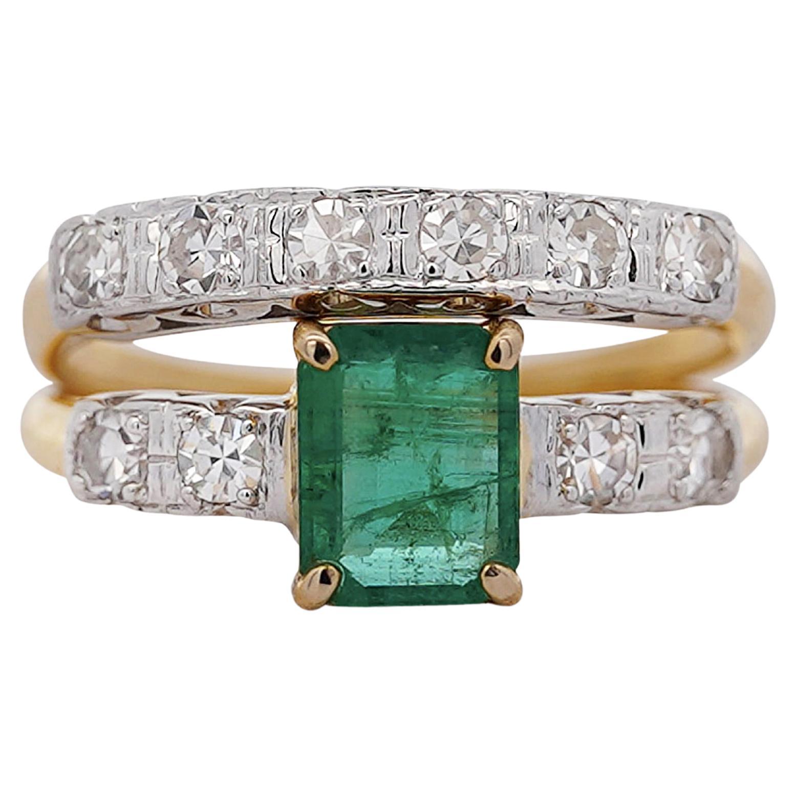 1.5 Carat Emerald and Old Cut Diamond 2 Piece Wedding Band and Ring Set For Sale