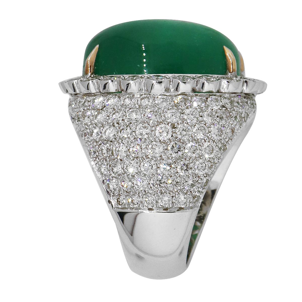 Material: 18k White Gold 
Diamond Details: Approximately 4ctw round brilliant diamonds. Diamonds are G/H in color and VS in clarity.
Gemstone Details: Approximately 15ctw emerald gemstone. 
Ring Size: 9.5
Total Weight: 28.7g (18.5dwt)
Measurements: