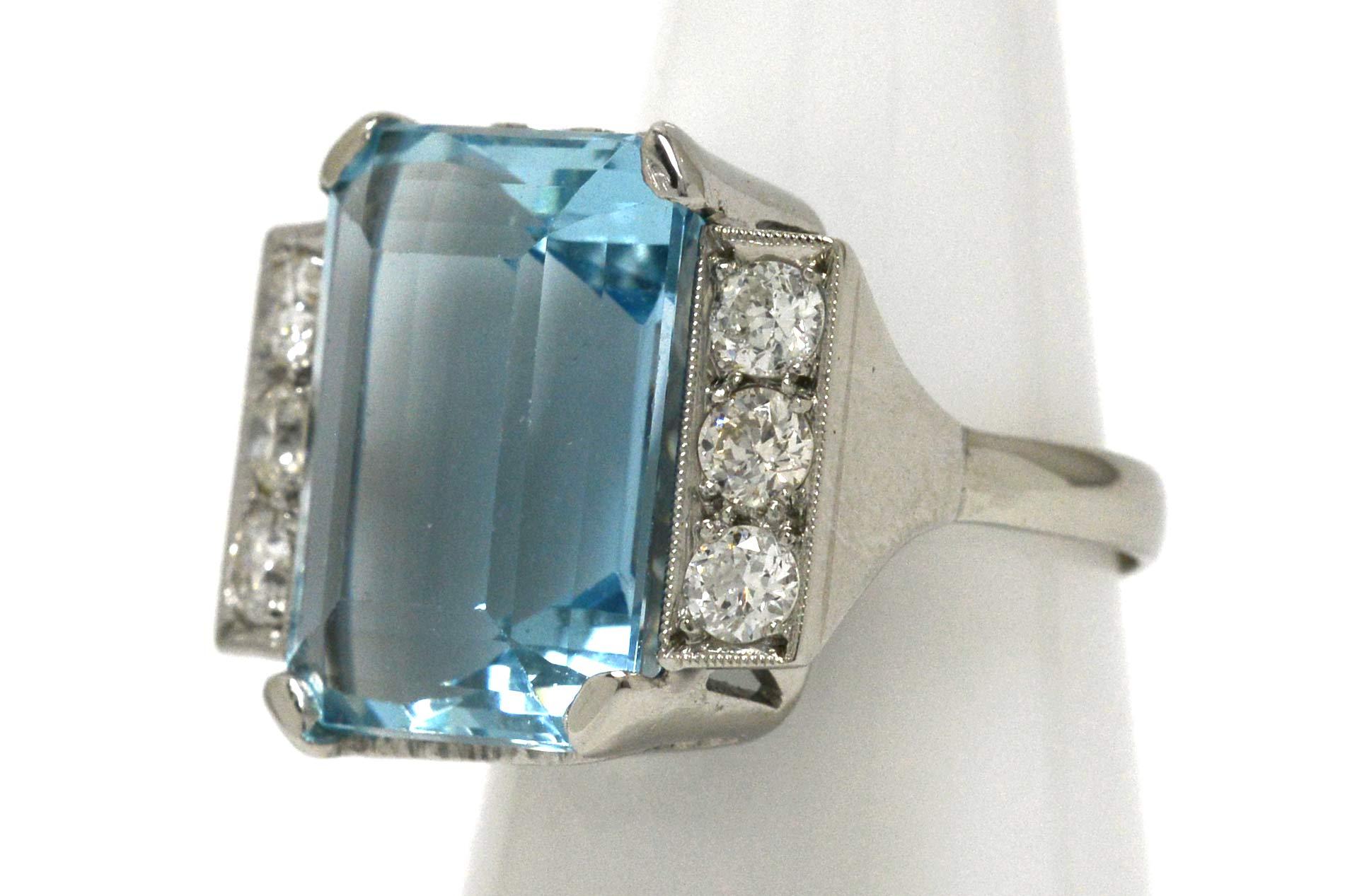 15 Carat Emerald Cut Aquamarine Cocktail Ring Platinum Gemstone Retro Diamonds 1