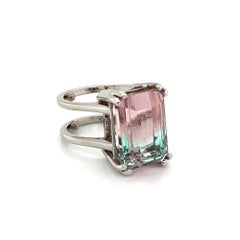 15 Carat Emerald Cut Bi-Color Tourmaline Solitaire Gold Vintage Cocktail Ring