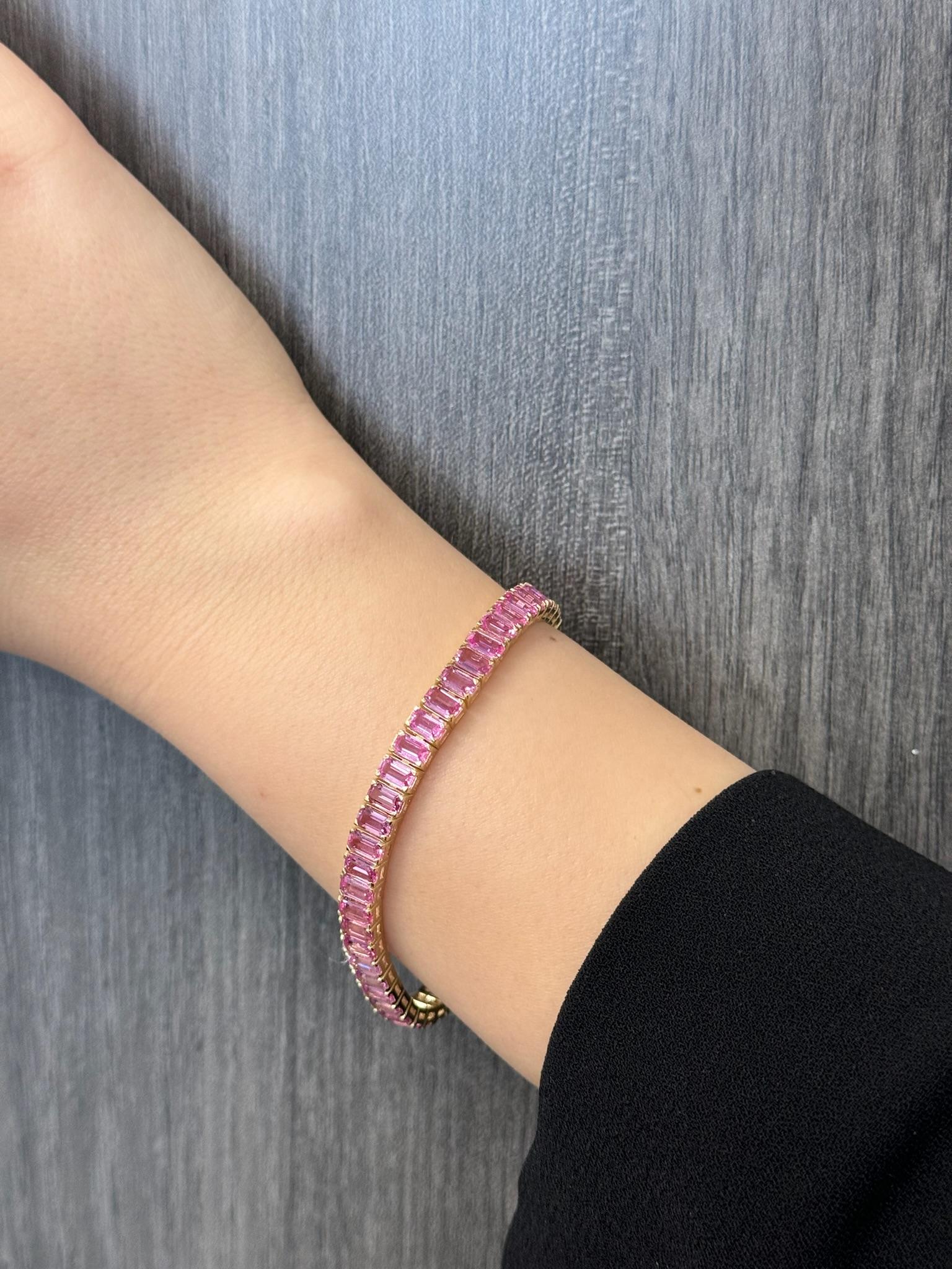 15 Karat Smaragdschliff Rosa Saphir-Tennisarmband 14k Gelbgold Damen im Angebot