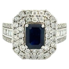1.5 Carat Emerald-Cut Sapphire and Diamond Gold Vintage EFFY Designer Ring