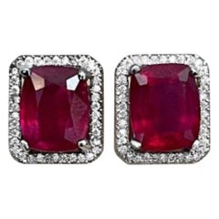 15 Carat Emerald Cut Treated Ruby & 1 Ct Diamond Stud Earrings 14 Kt White Gold