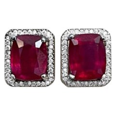 15 Carat Emerald Cut Treated Ruby & 1 Ct Diamond Stud Earrings 14 Kt White Gold