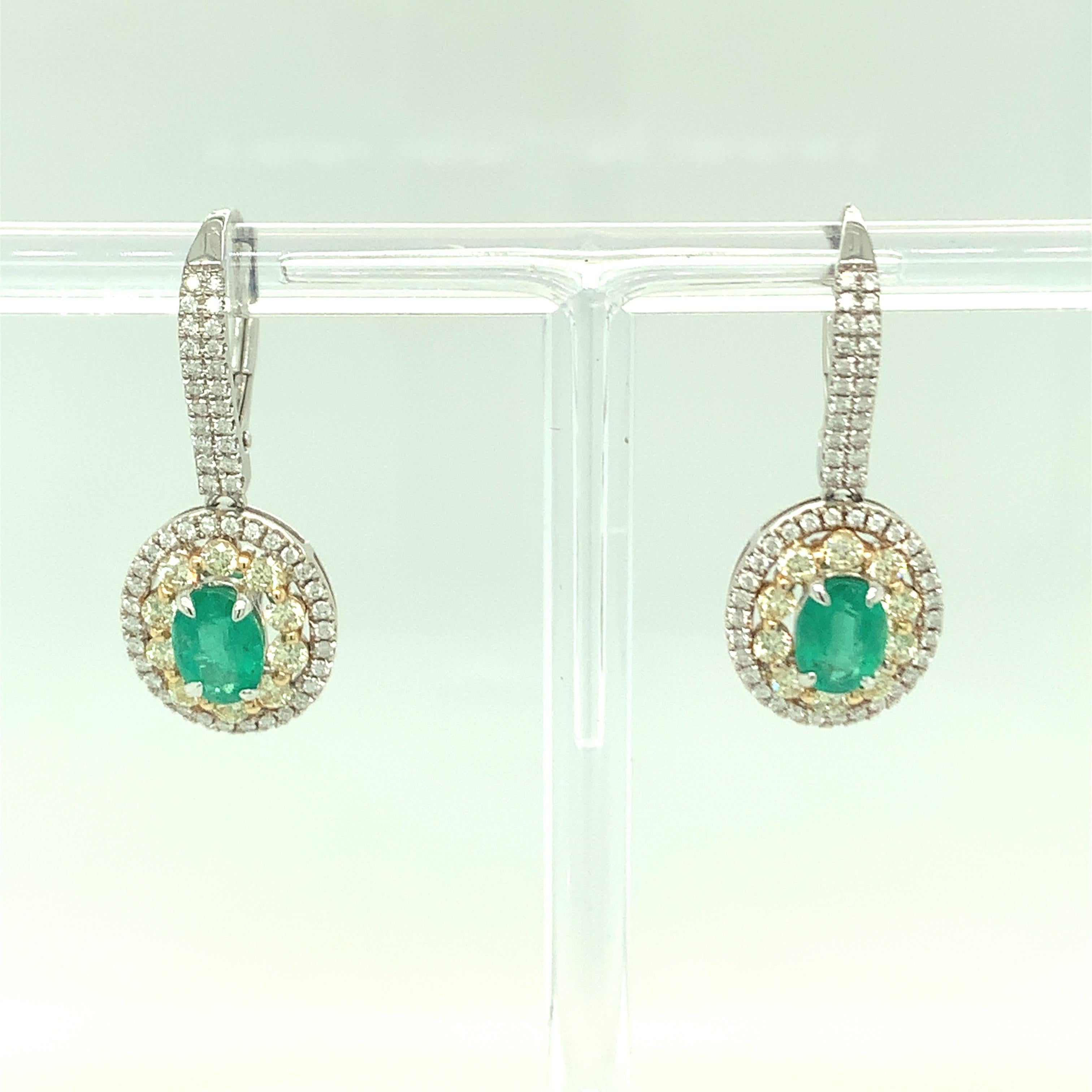 Artisan 1.5 Carat Emerald Earrings with Yellow and White Diamond Set in Two Tone Gold