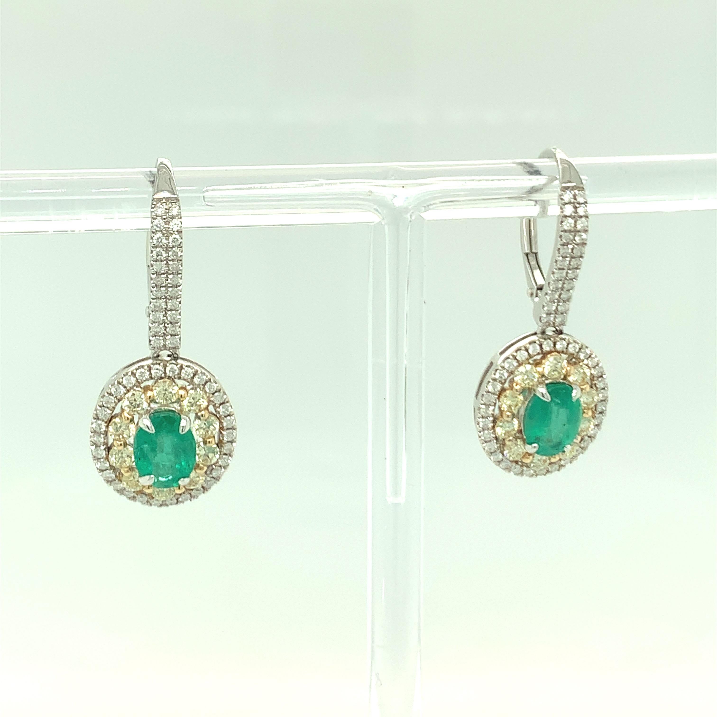 Women's 1.5 Carat Emerald Earrings with Yellow and White Diamond Set in Two Tone Gold
