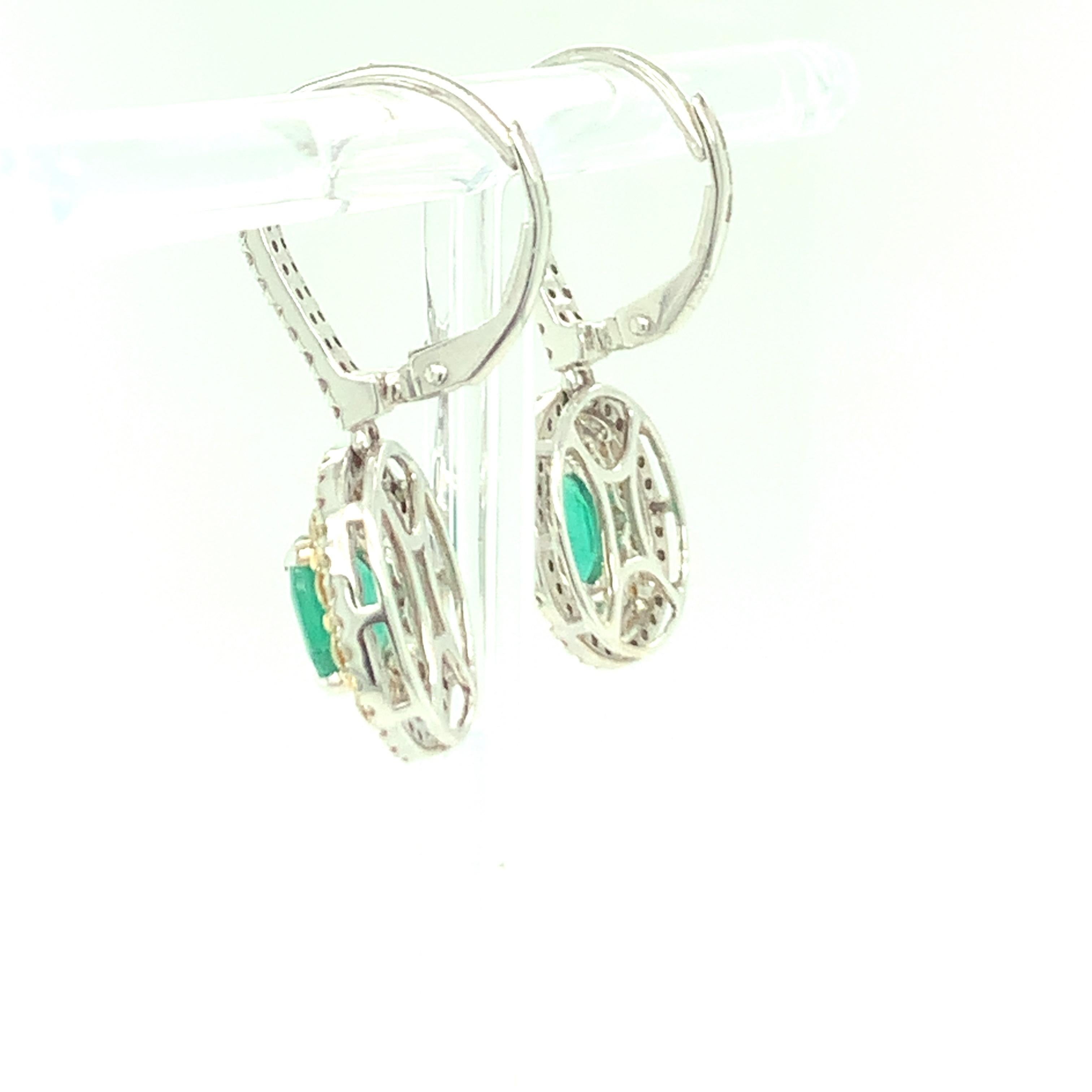 1.5 Carat Emerald Earrings with Yellow and White Diamond Set in Two Tone Gold 1