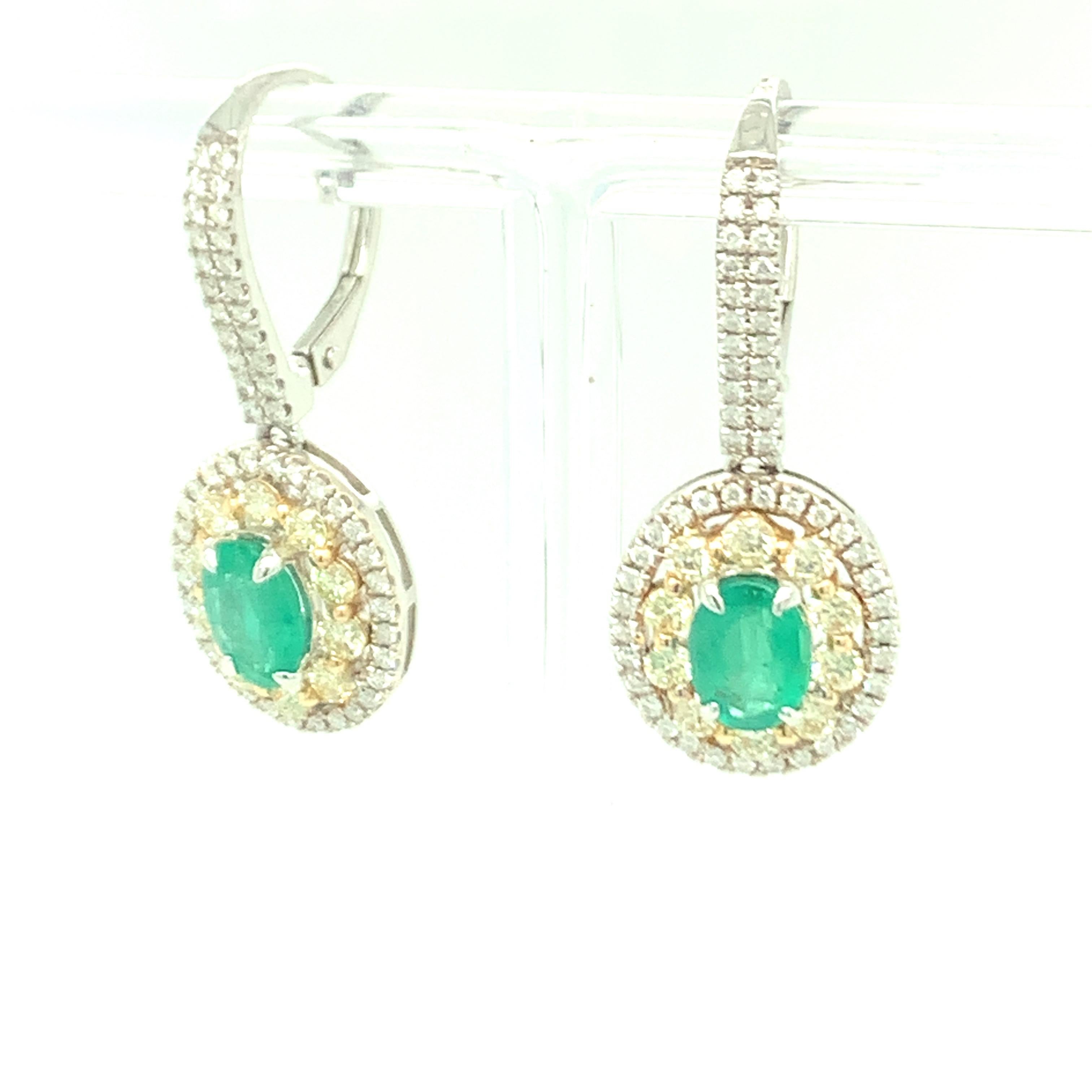 1.5 Carat Emerald Earrings with Yellow and White Diamond Set in Two Tone Gold 2