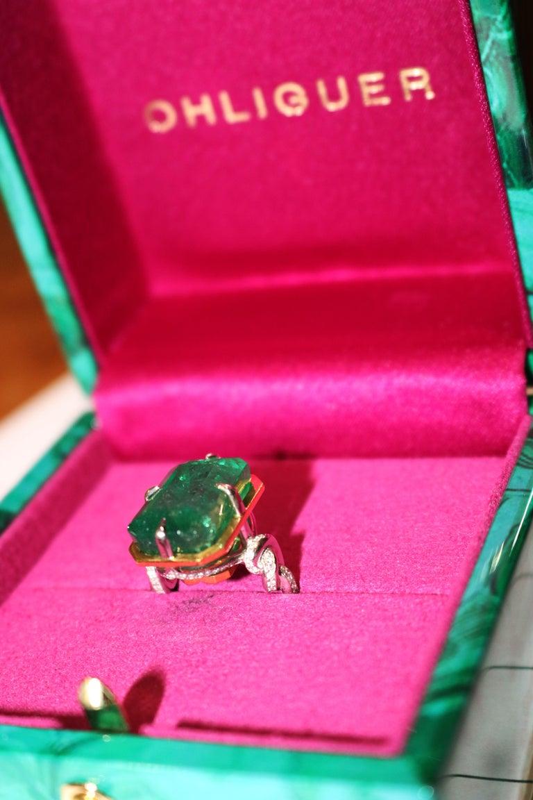 Emerald Cut 15 Carat Emerald Forget Me Knot Ring in 22k and Platinum with Diamonds For Sale