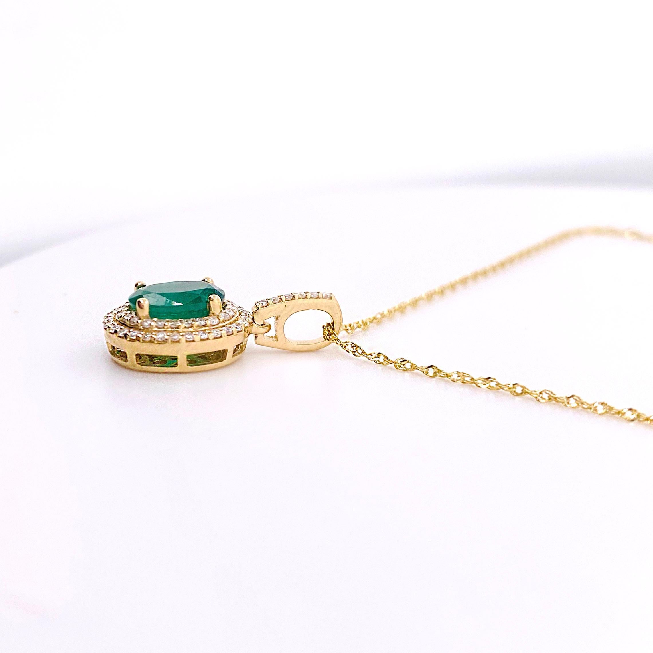 Contemporary 1.5 Carat Emerald Pendant necklace w Diamond Halo, Adjustable 14K Yellow Gold