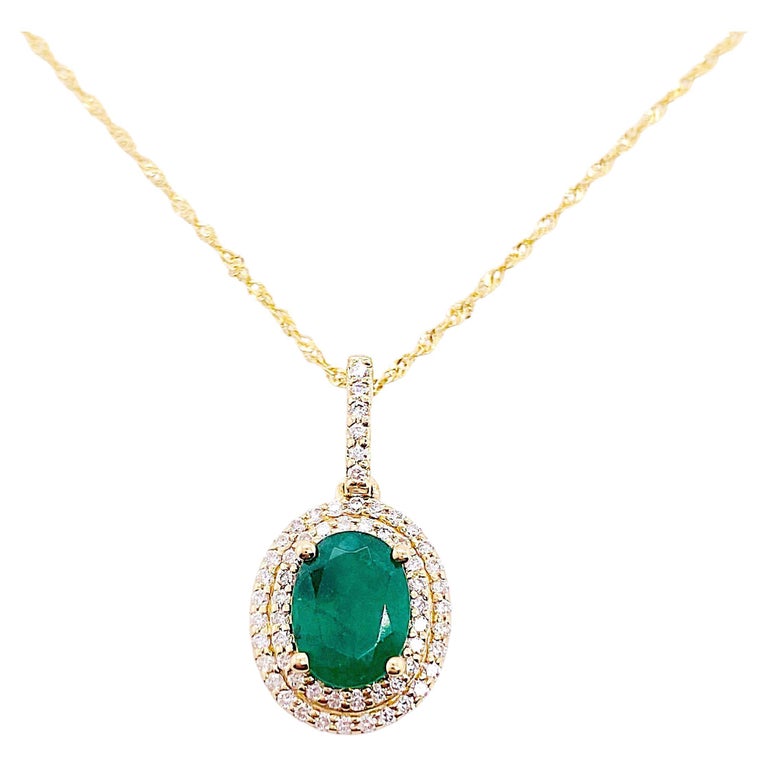 1.5 Carat Emerald Pendant necklace w Diamond Halo, Adjustable 14K ...
