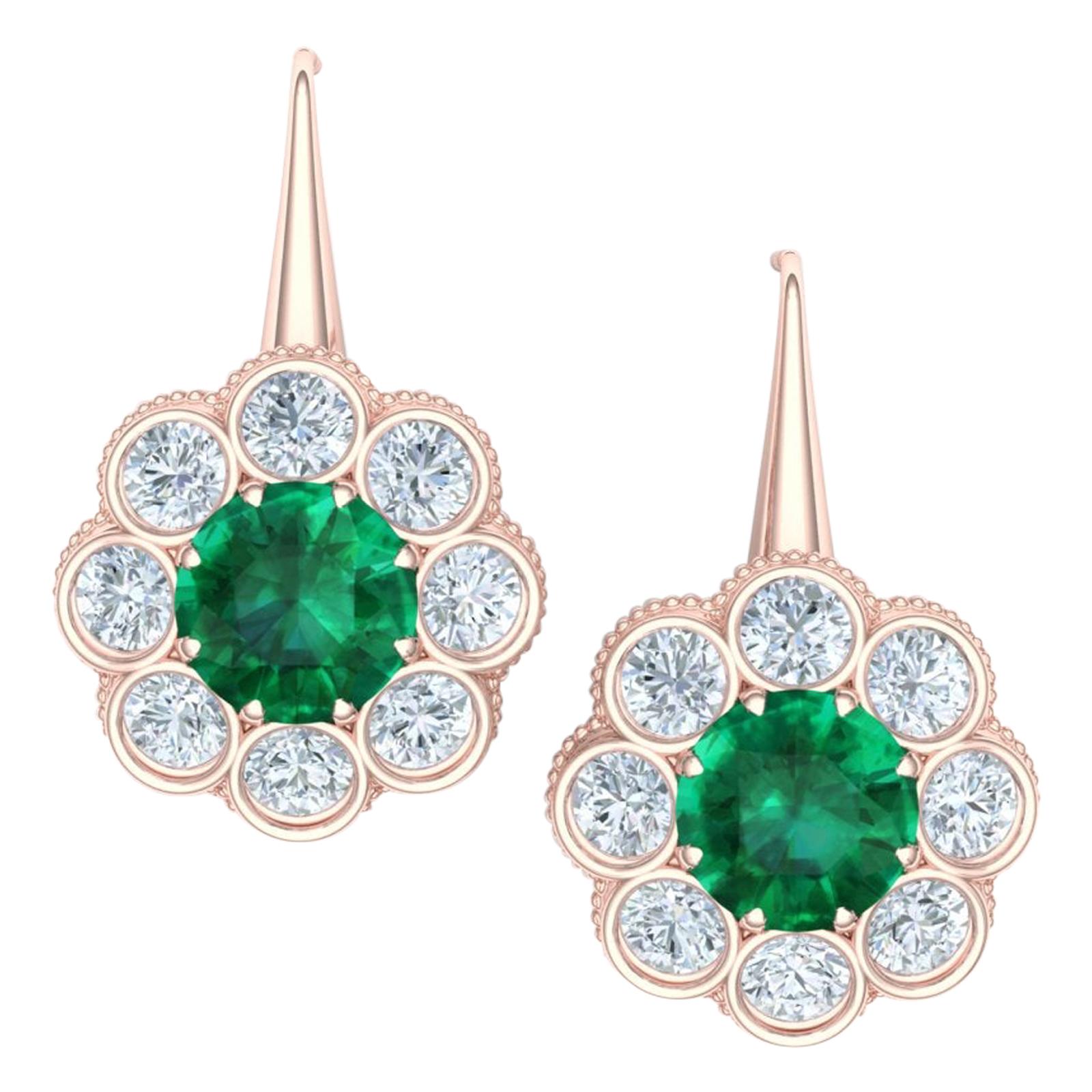 1.5 Carat Emeralds and Diamond Rose Gold Drop Earrings For Sale