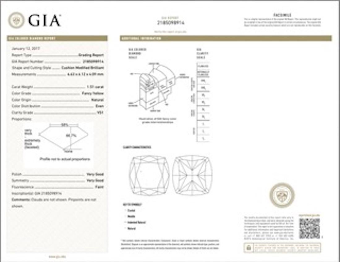 1.5 Carat Fancy Yellow Cushion Diamond Engagement Ring For Sale 2
