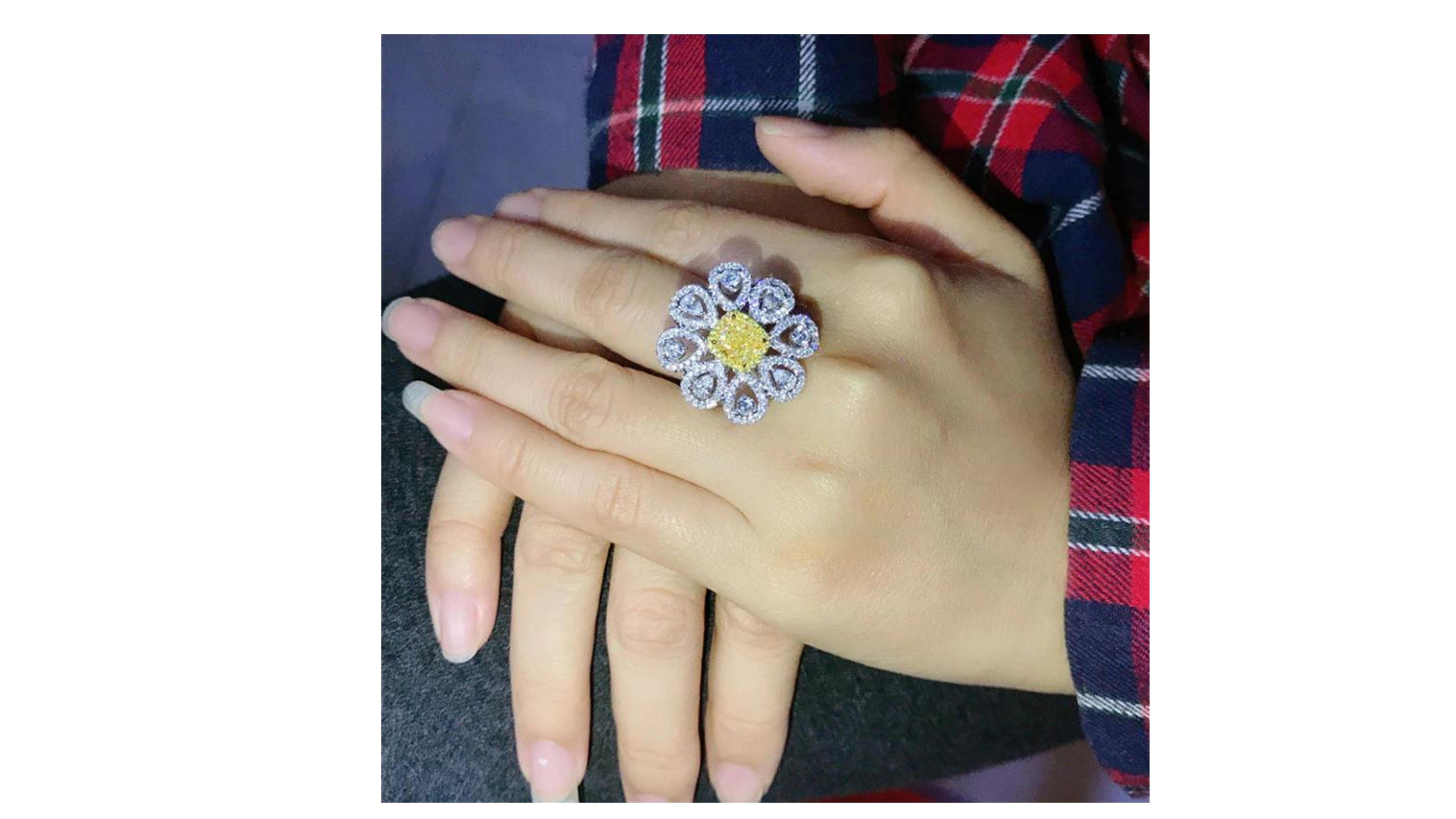 Contemporary 1.5 Carat Fancy Yellow Diamond Ring 18 Karat White Gold For Sale