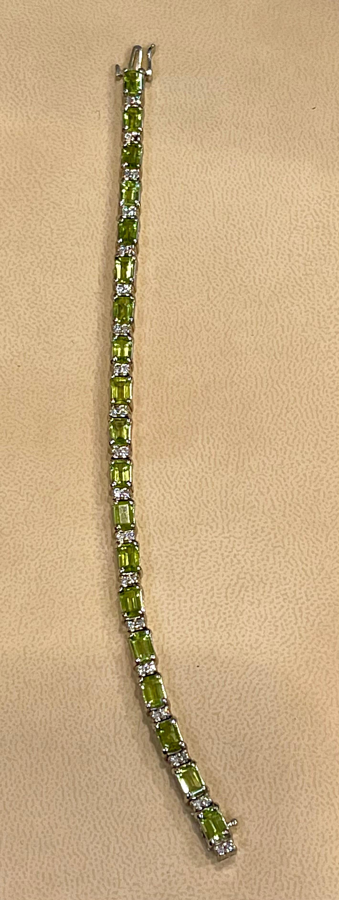 Emerald Cut 15 Carat Genuine Natural Peridot & Diamond Tennis Bracelet 14 Karat White Gold For Sale