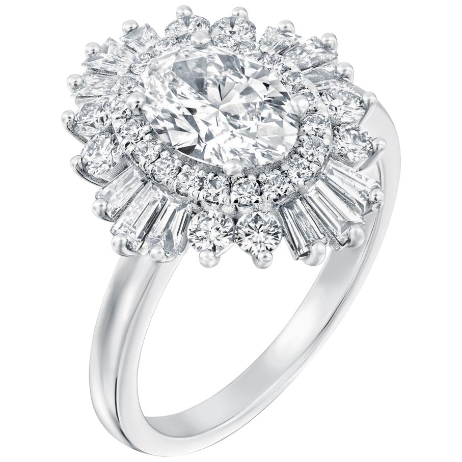 1.5 Carat GIA Diamond Engagement Ring, Gatsby Oval Halo 18 Karat White Gold Ring