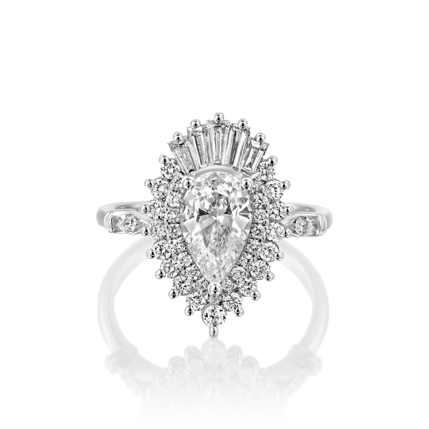 Beautiful solitaire with accents Gatsby style GIA certified diamond engagement ring. Ring features a 3/4 carat pear cut natural diamond of F-G color and VS2-SI1 clarity and it is surrounded by smaller natural diamonds of approx. 3/4 carat total