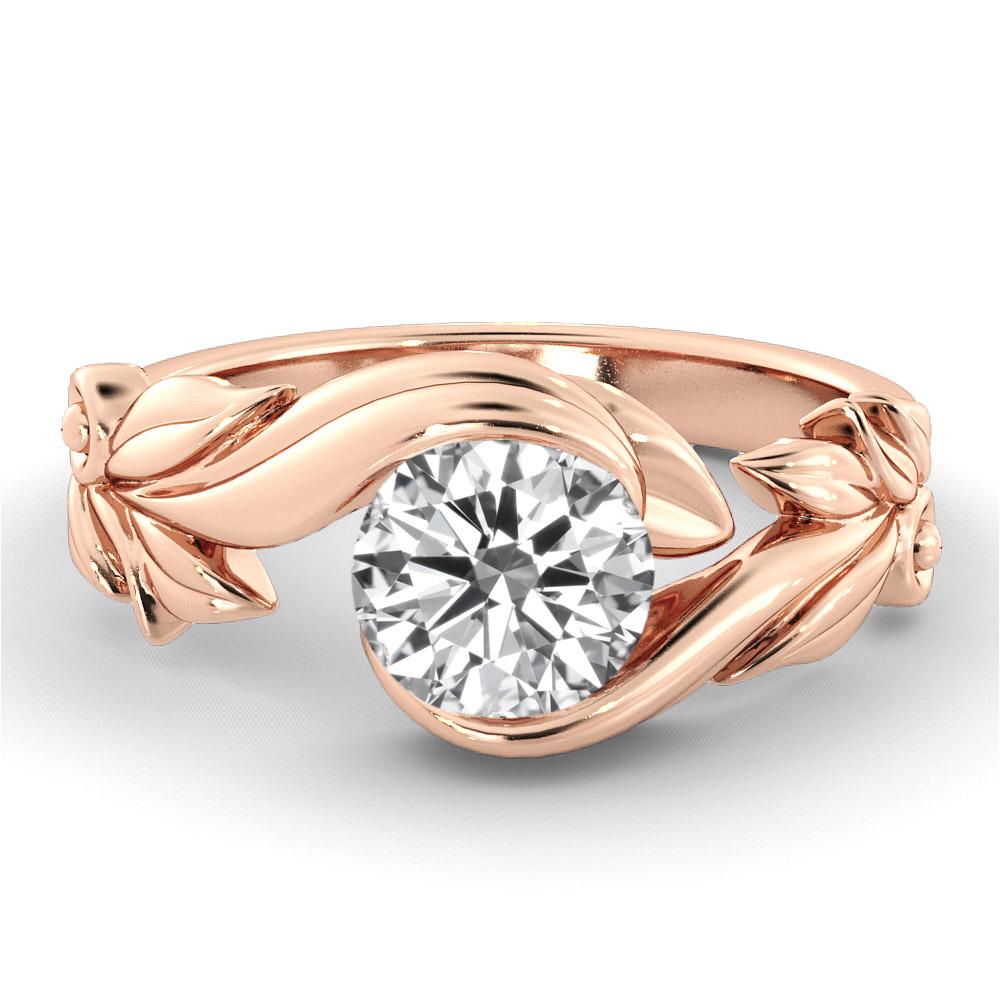 Unique vine leaf style setting GIA certified diamond engagement ring. Ring features a 1.5 carat round cut 100% eye clean natural diamond of F-G color and VS2-SI1 clarity. Set in a sleek, 18K rose gold, solitaire ring with a 4-prong setting. The