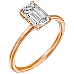 1.5 Carat GIA Diamond Ring, Solitaire Emerald Cut 18 Karat Rose Gold Ring